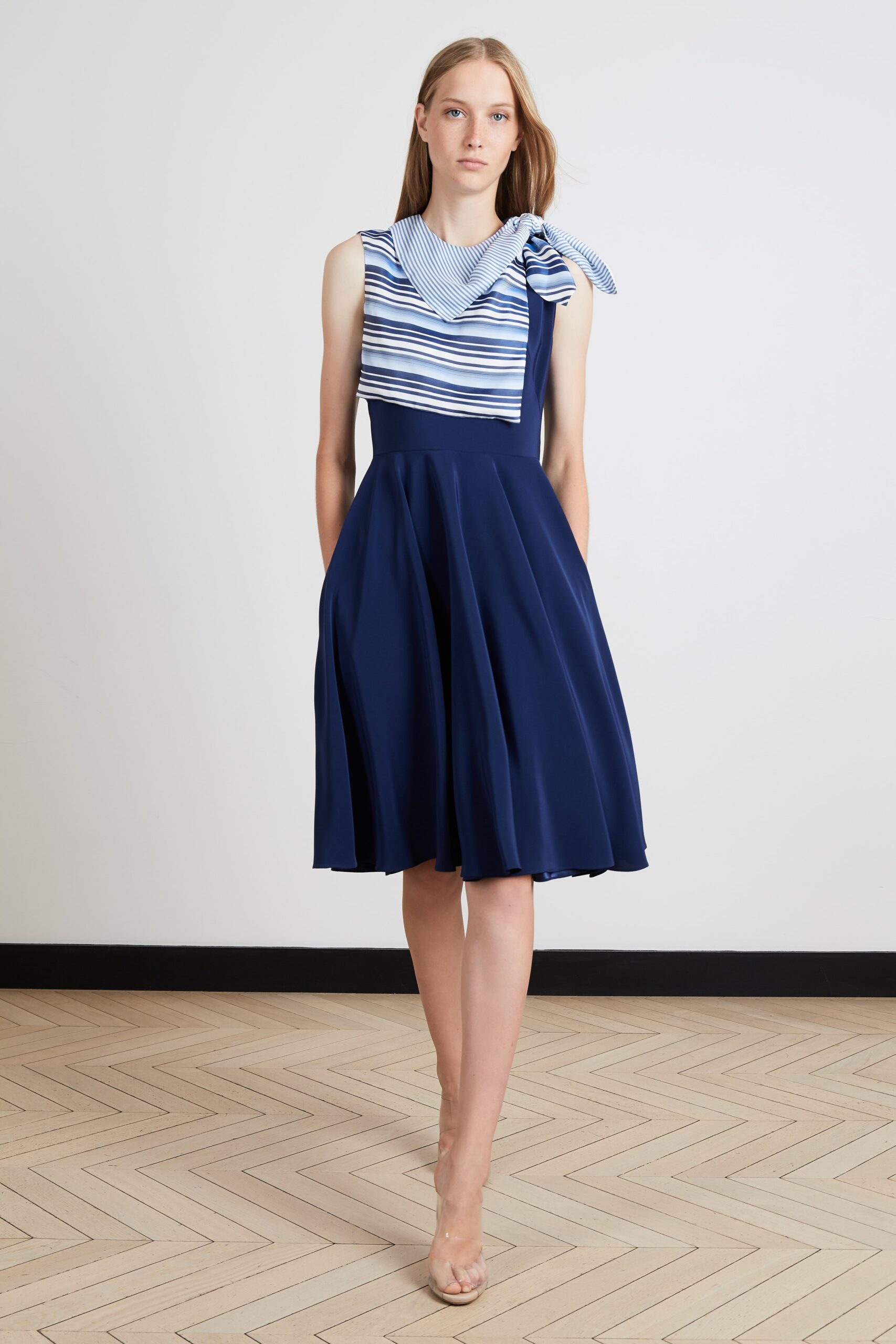 blue and white striped midi dress