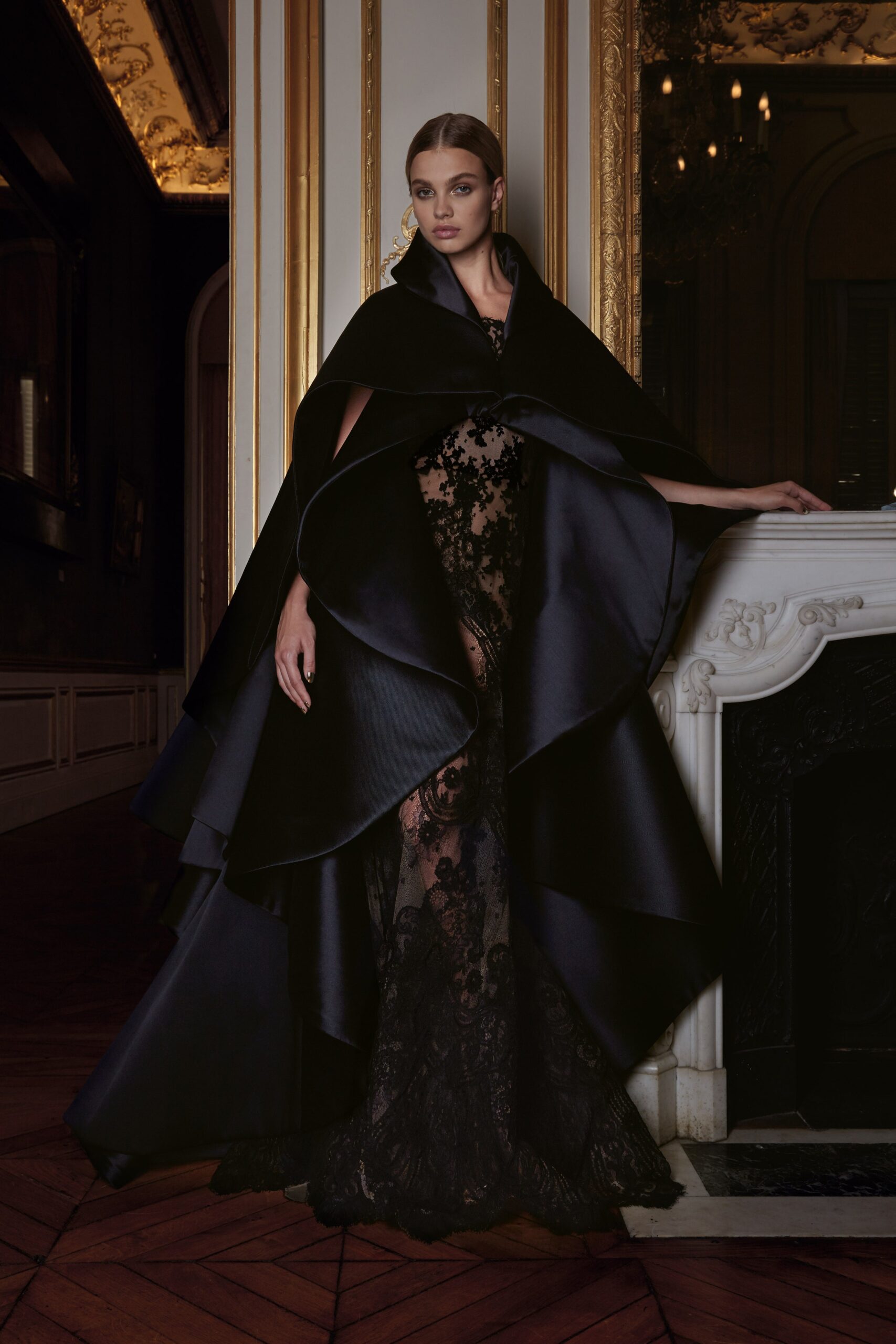 black silk gown with cape