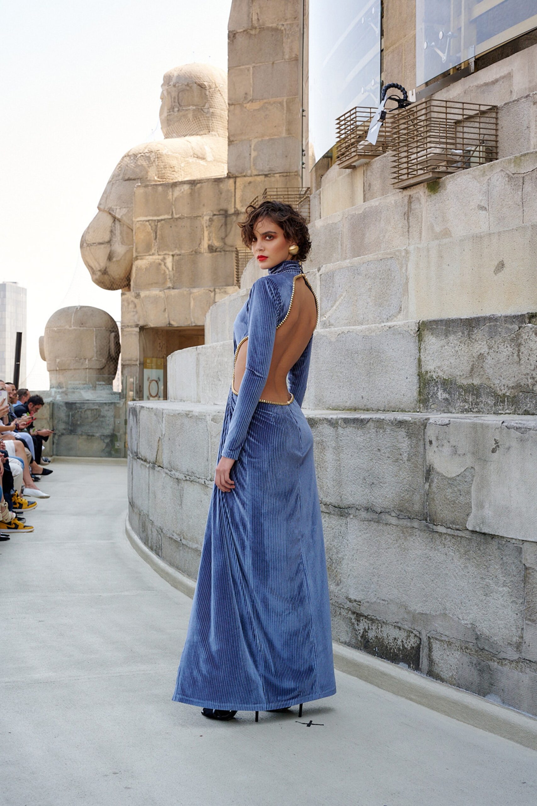 blue velvet backless gown