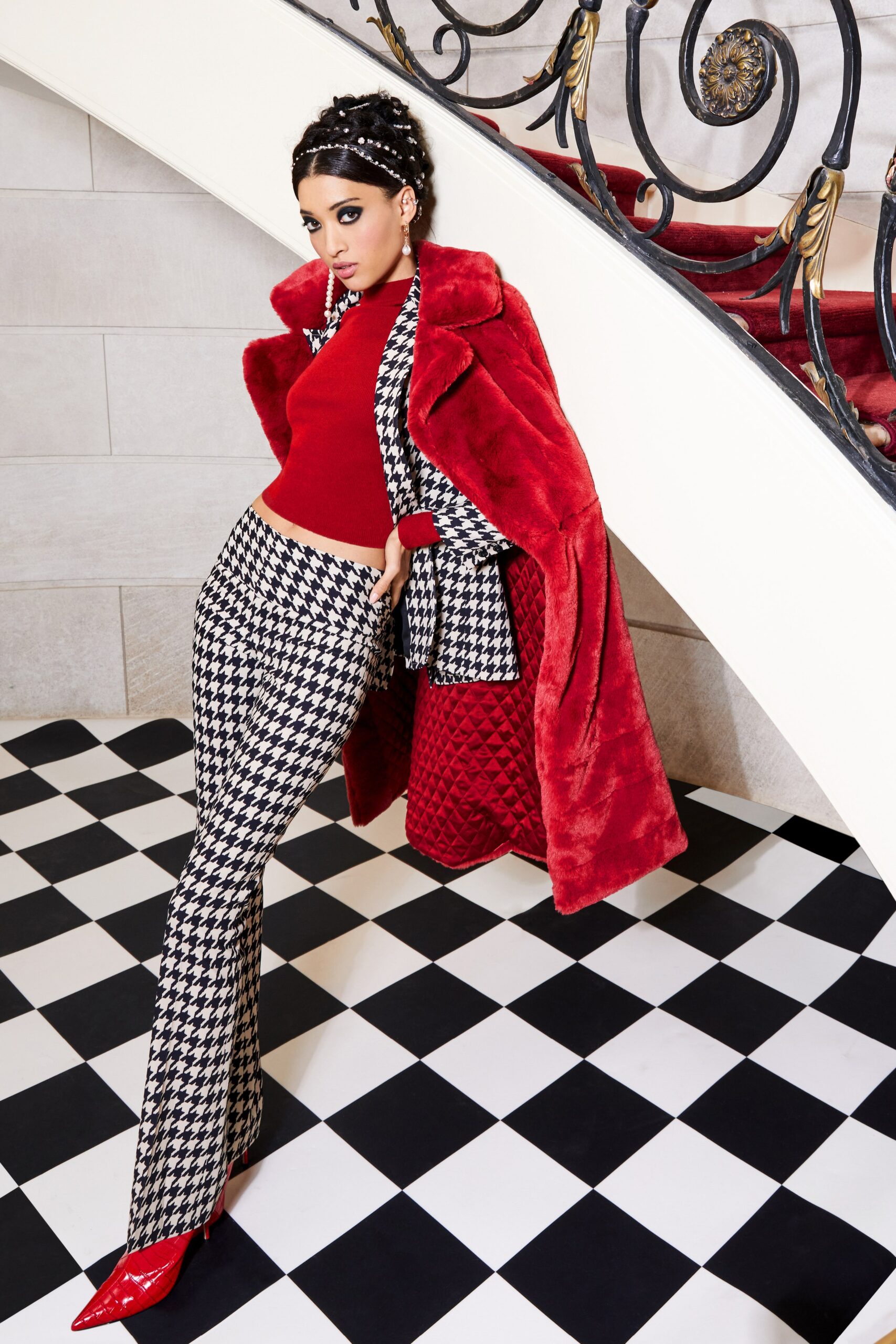 red faux-fur oversized coat