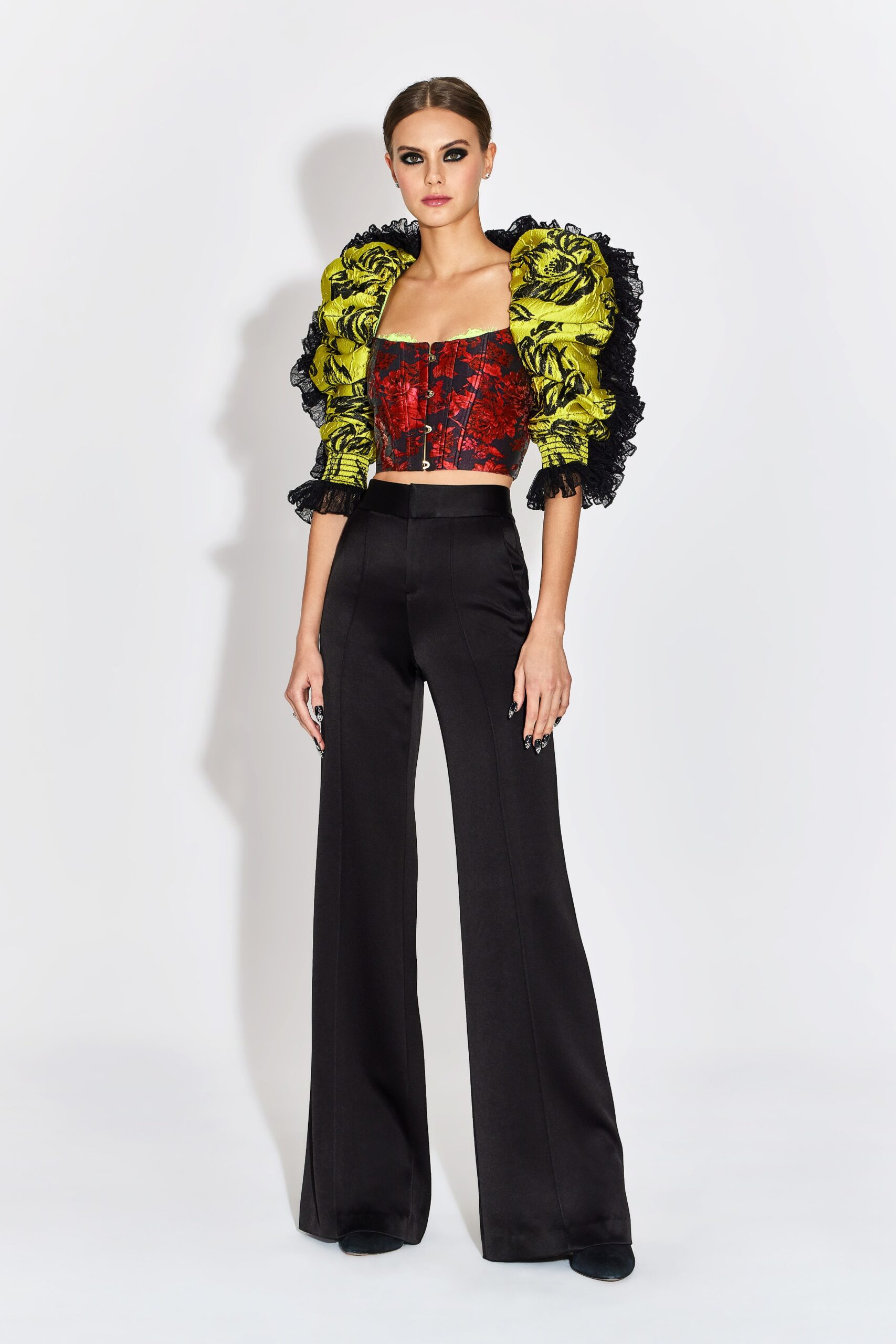fitted ruffled top with tailored pants