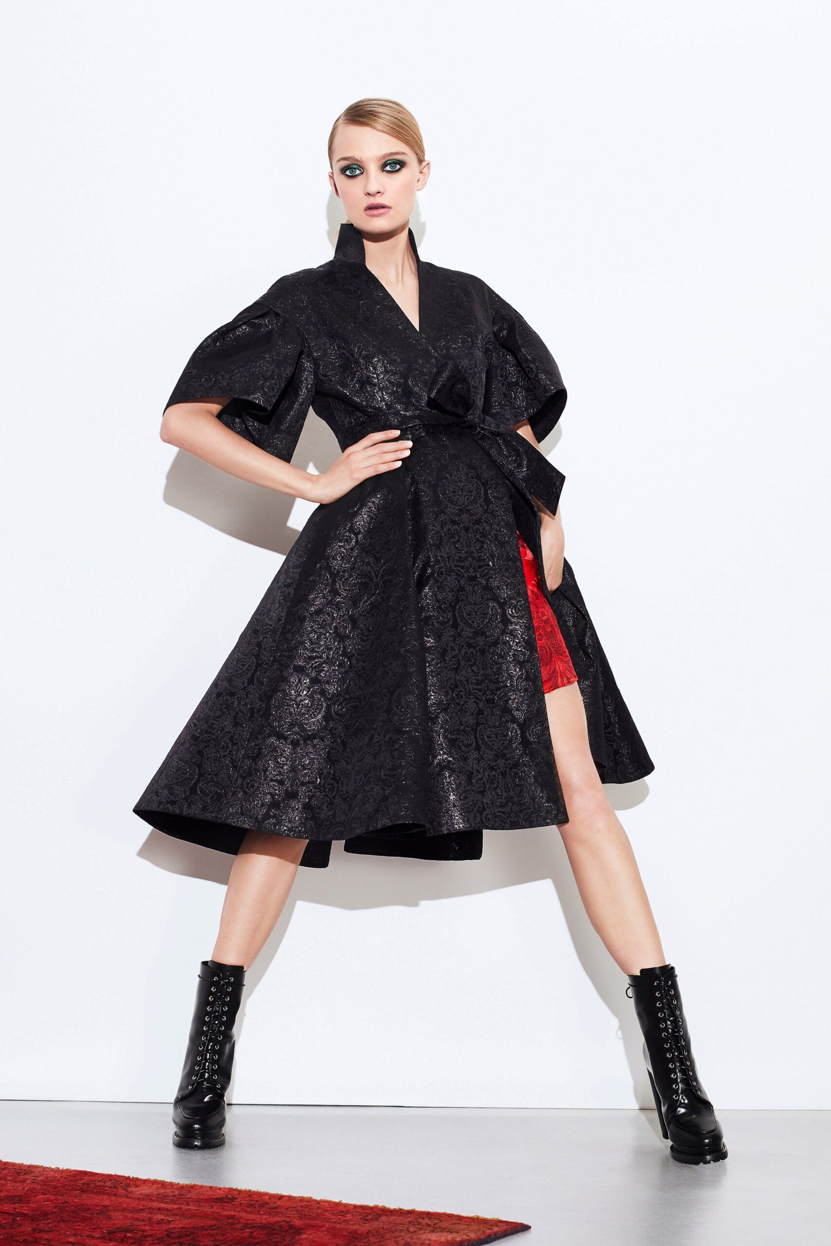 black silk wrap dress with boots