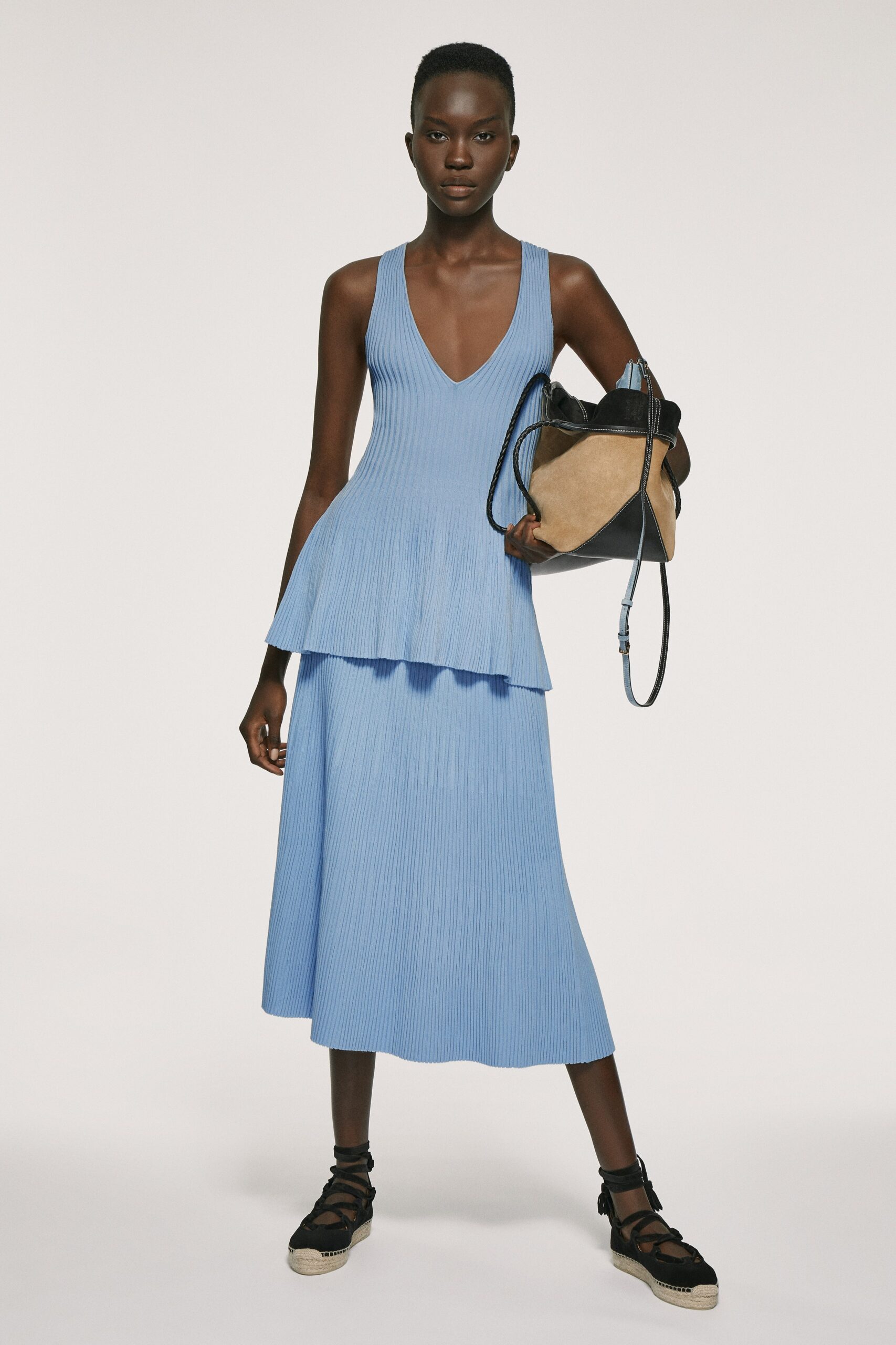 blue pleated sleeveless dress