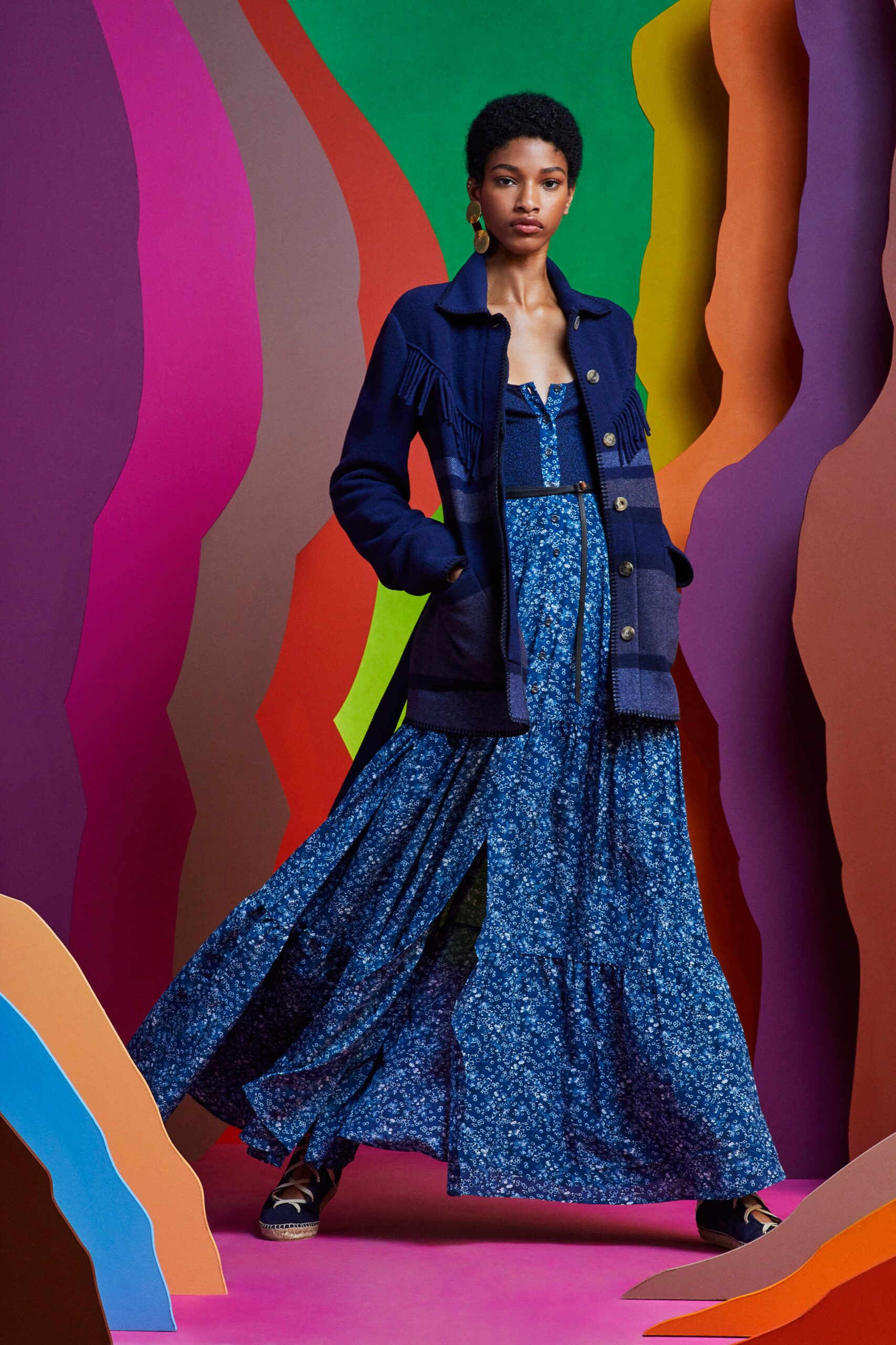 navy coat and blue maxi dress
