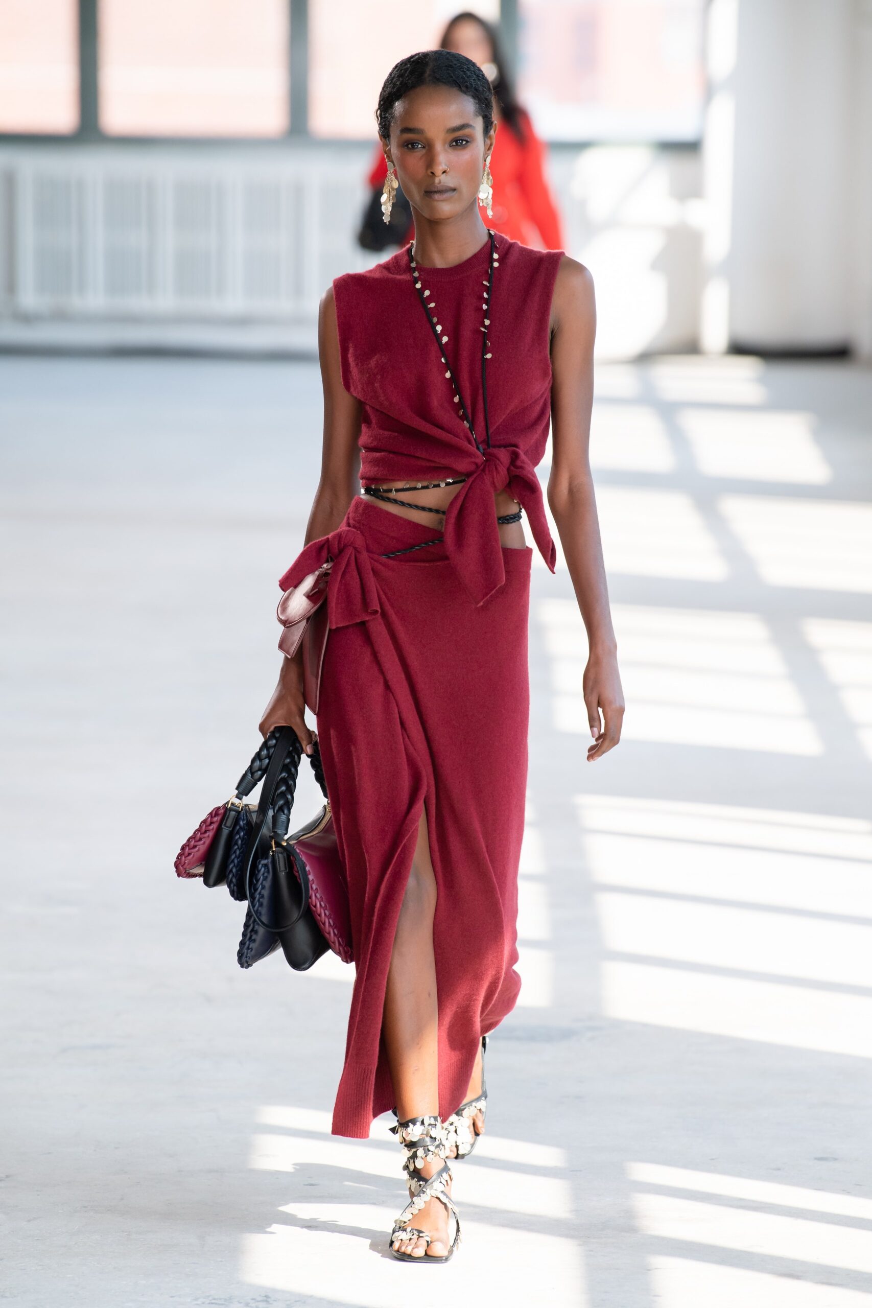 fitted red wool top and skirt