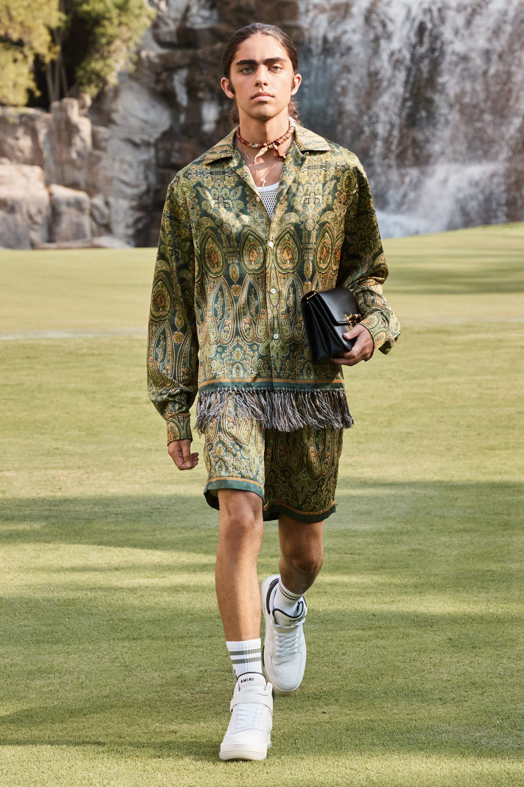 green silk shirt and shorts