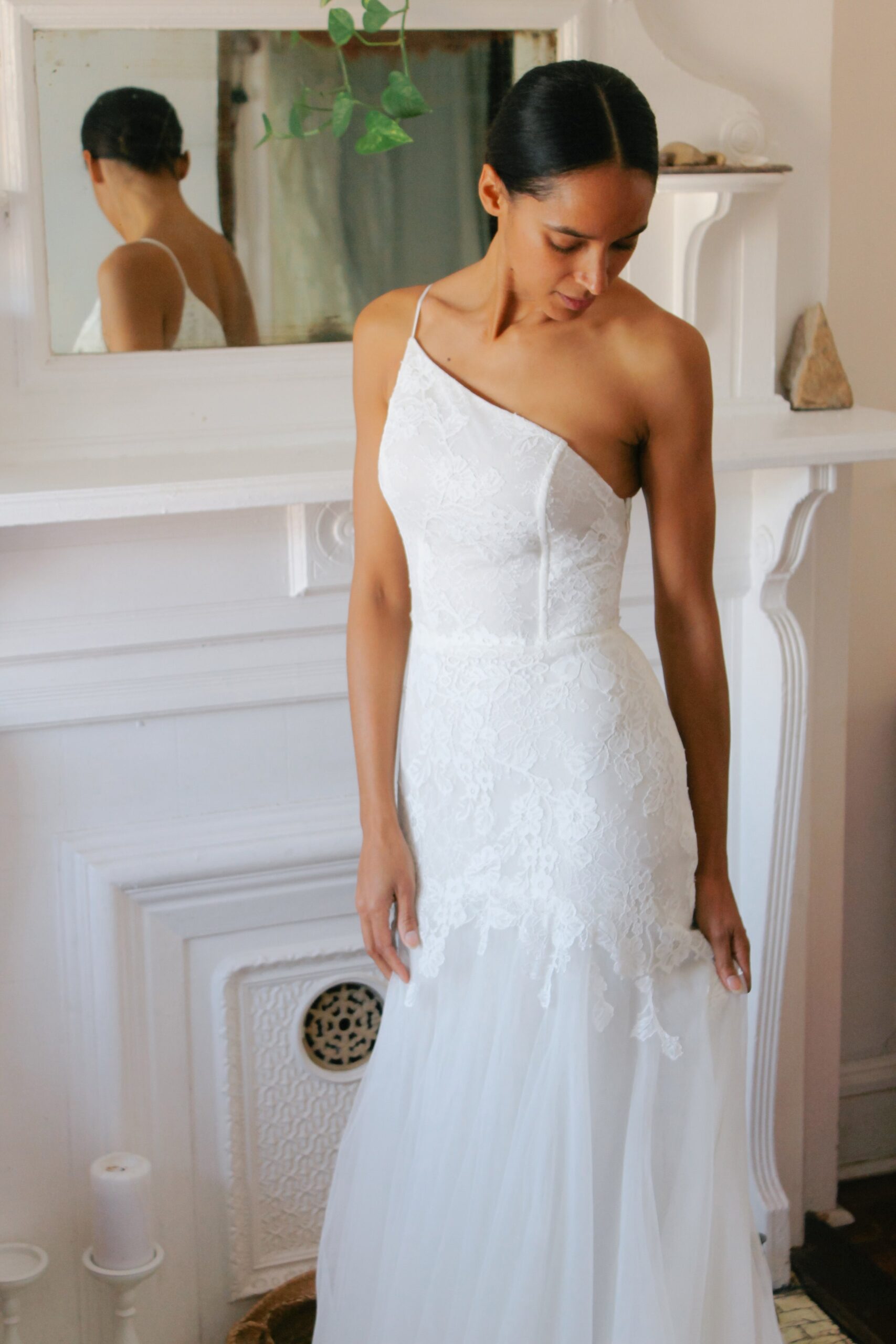 white lace asymmetric gown