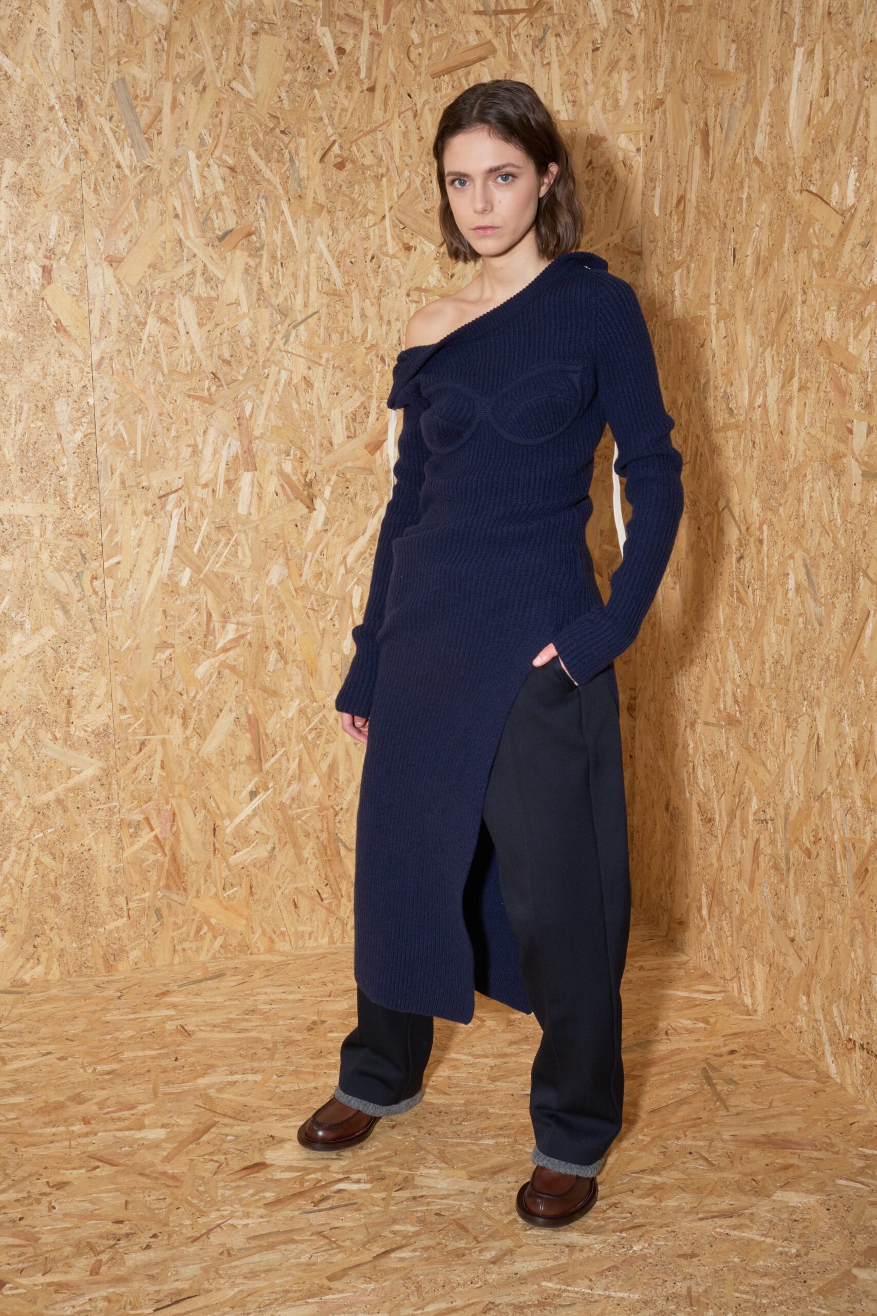 blue knit sleeveless off-shoulder fitted ribbed midi dress