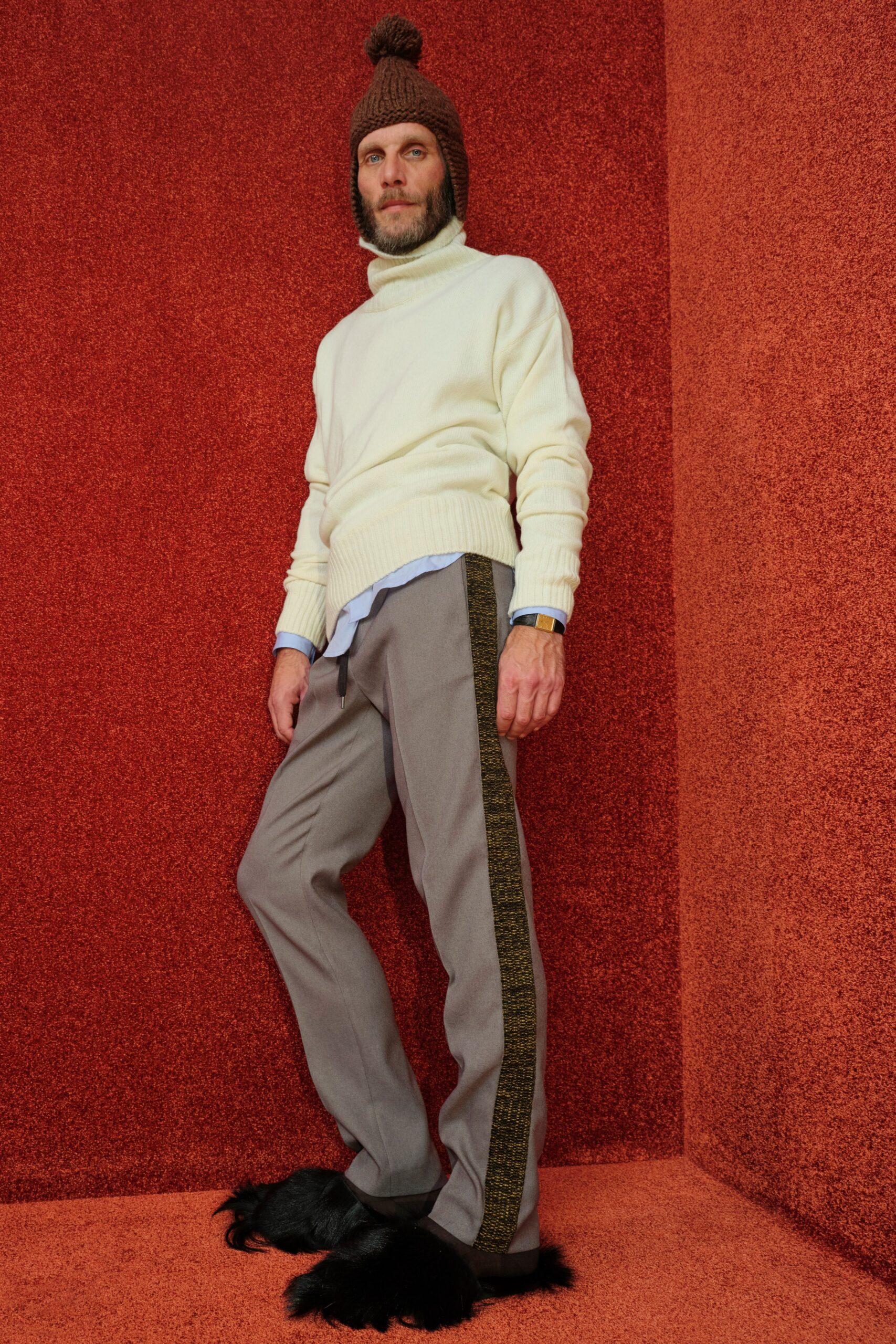 white wool turtleneck sweater with blue shirt