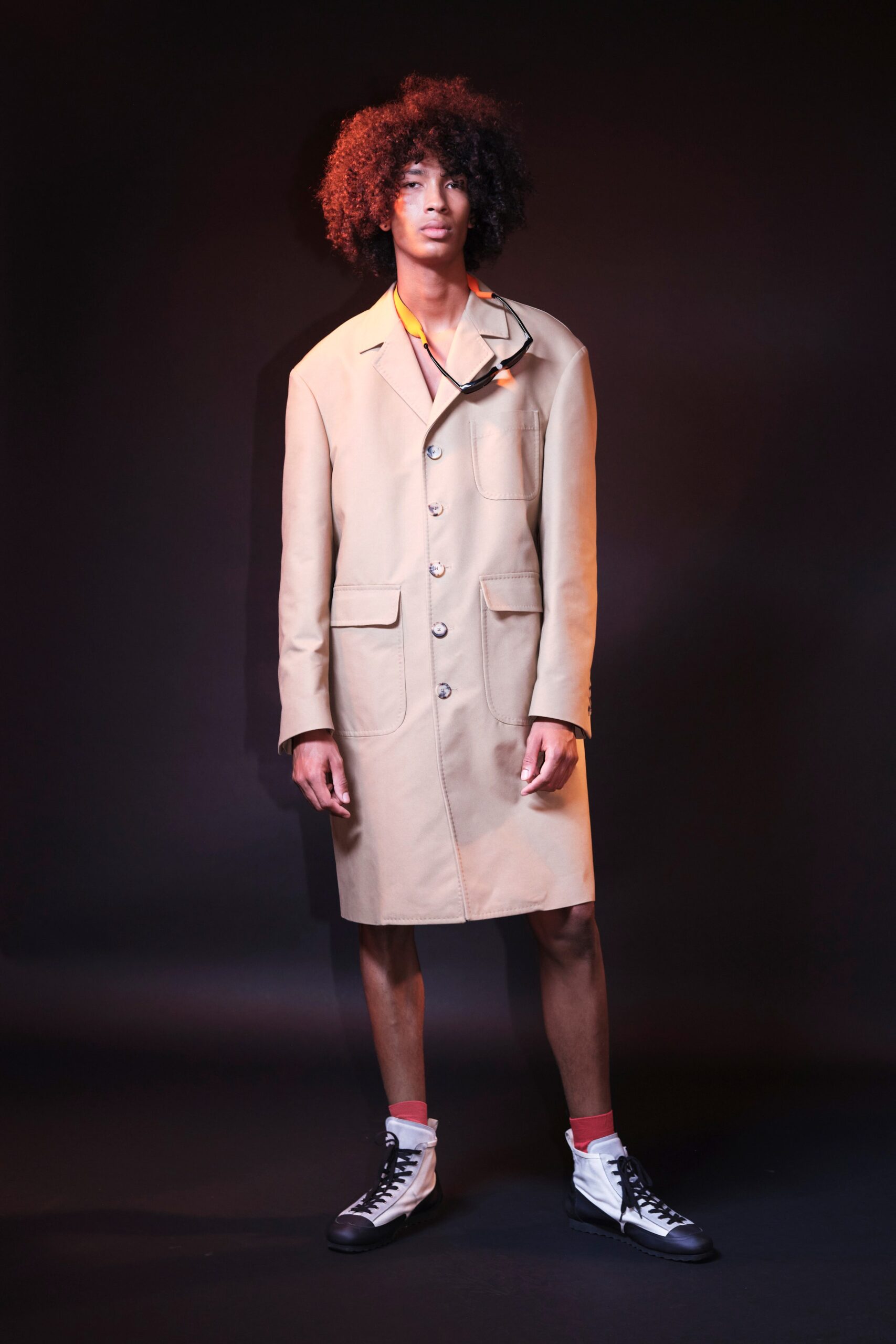beige cotton long-sleeve collared relaxed buttoned midi coat