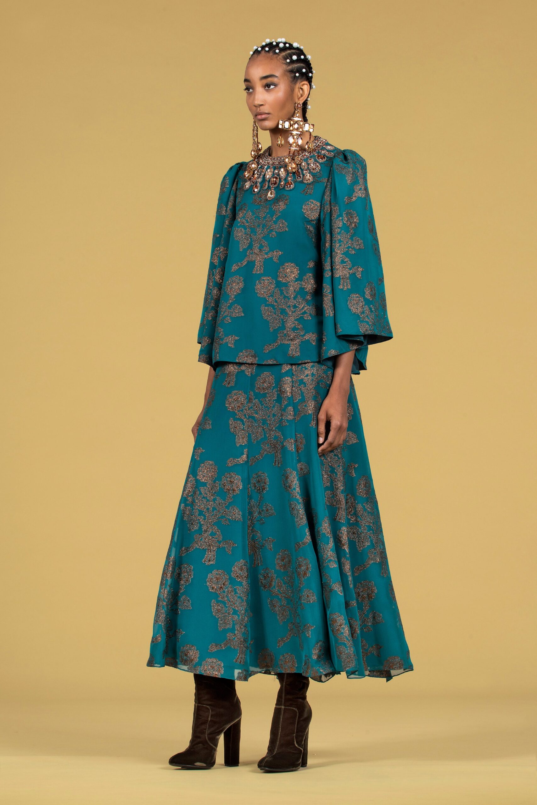 teal silk fitted flared midi skirt