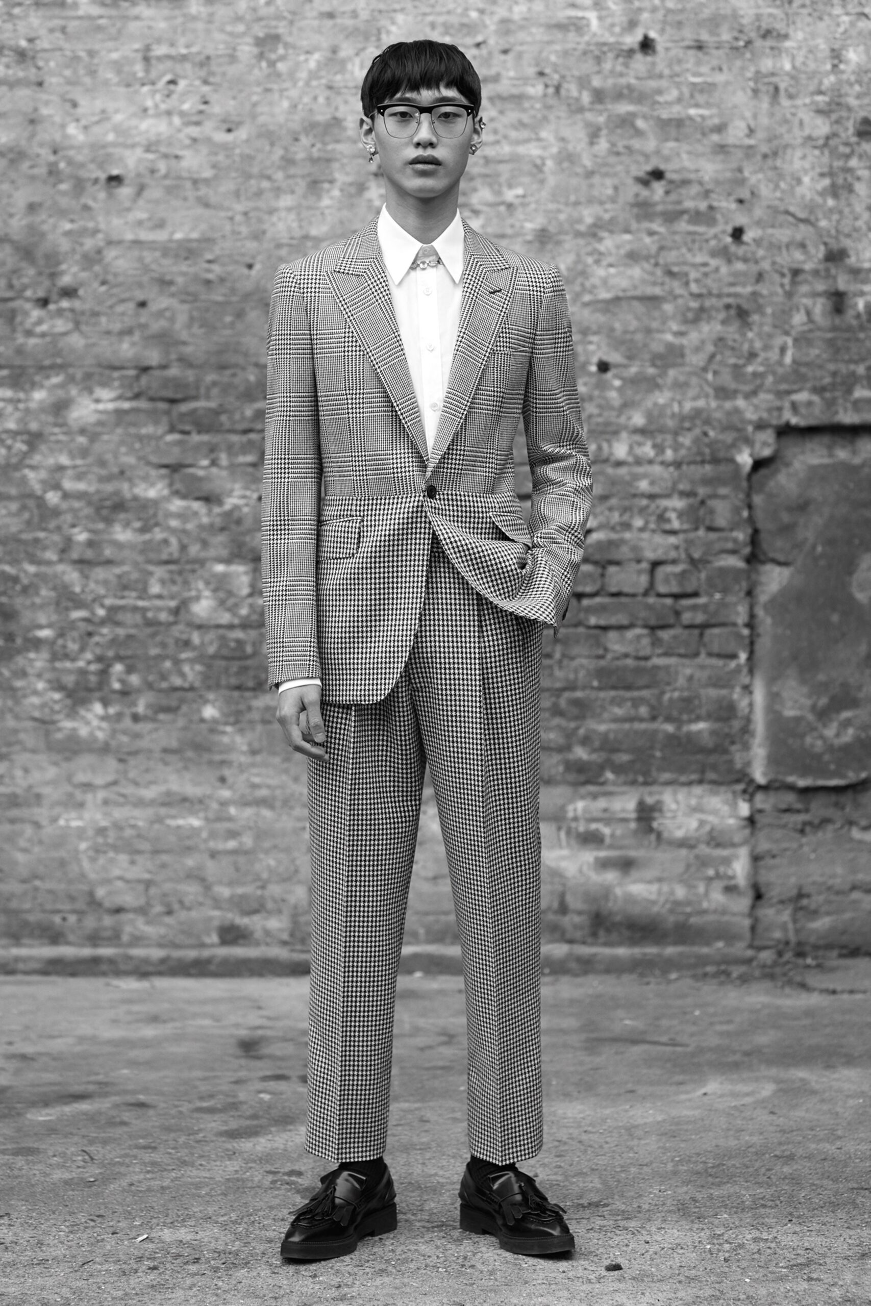 black and white checked suit
