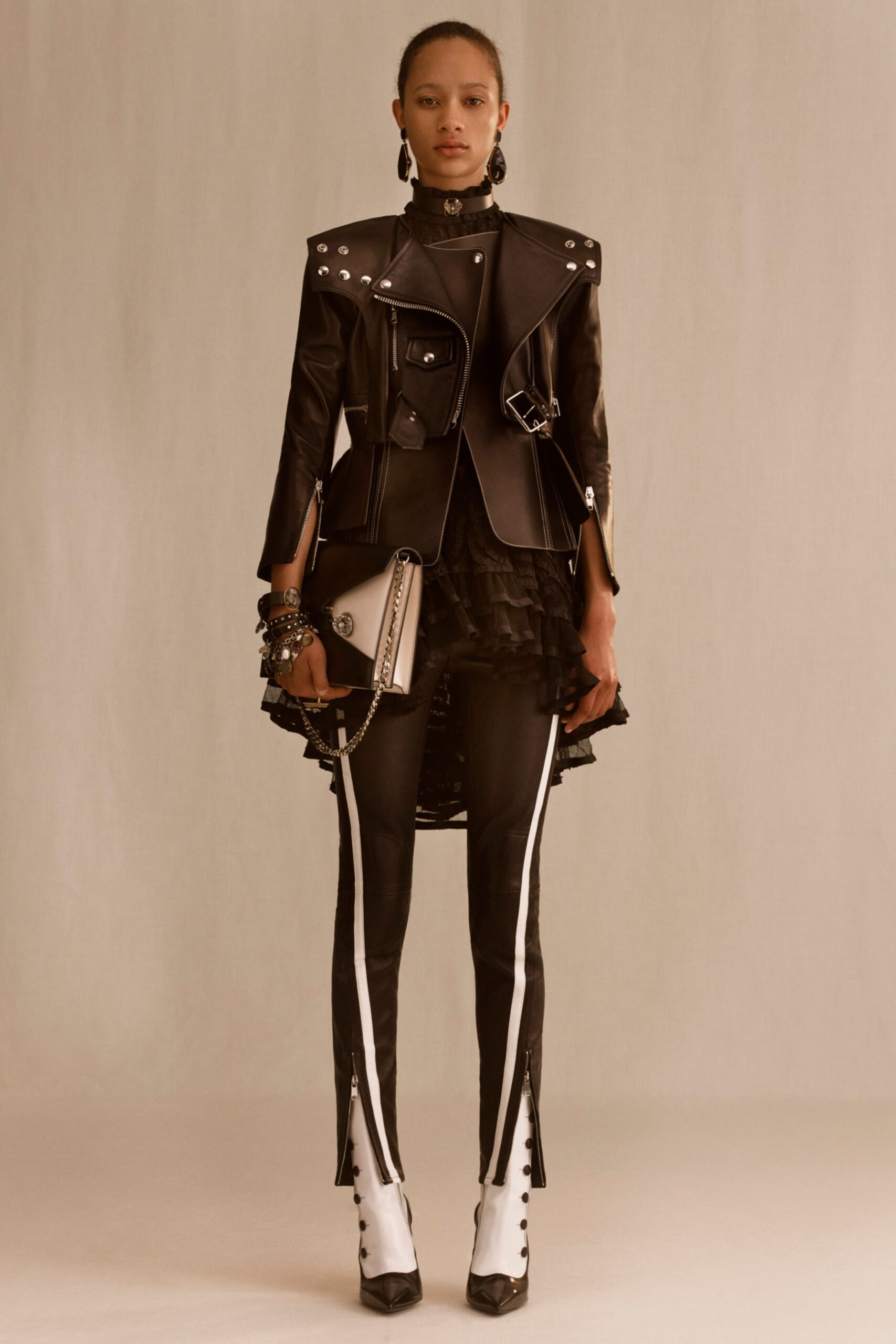 black leather fitted jacket with mini dress