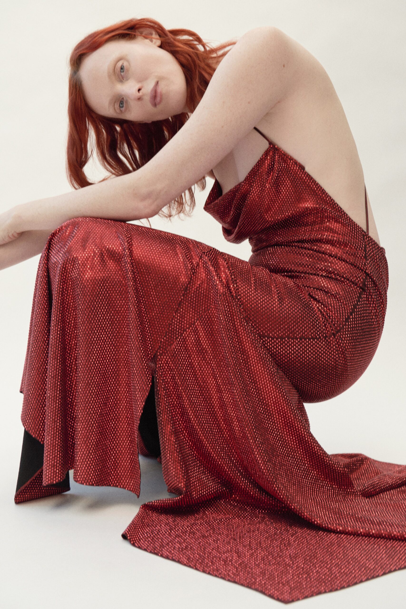 fitted red silk backless dress
