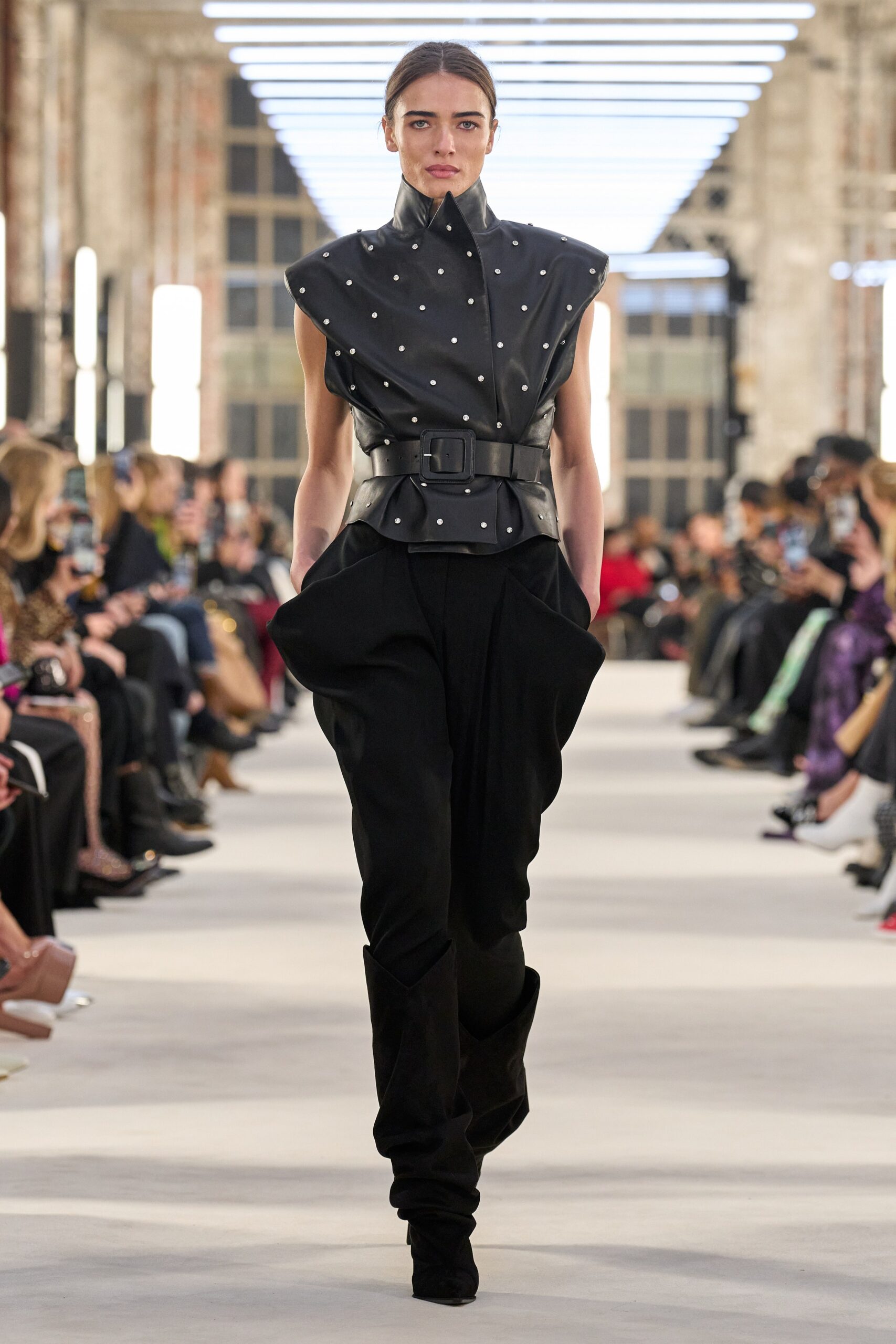 black leather sleeveless high-neck fitted beaded top