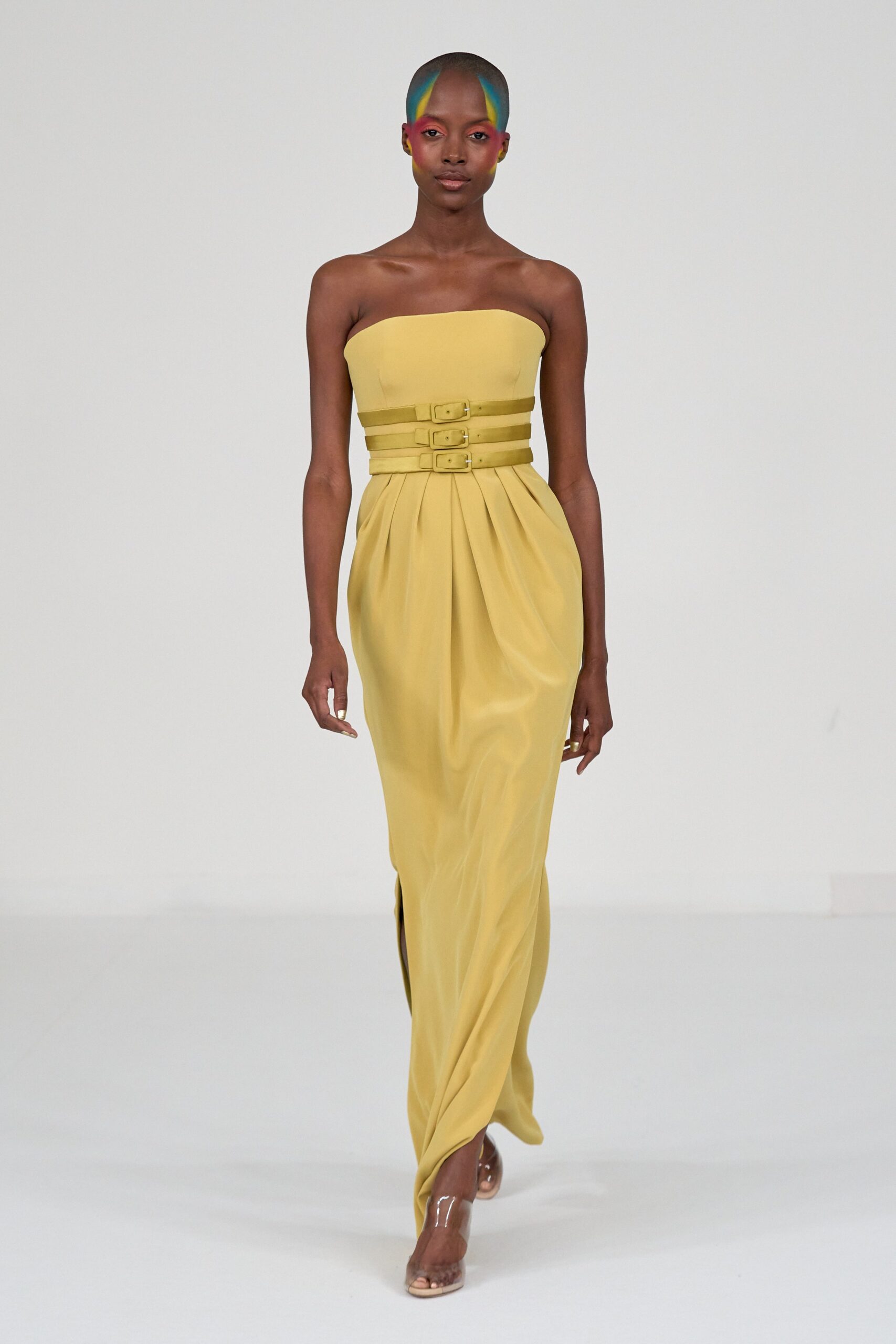 yellow silk strapless gown