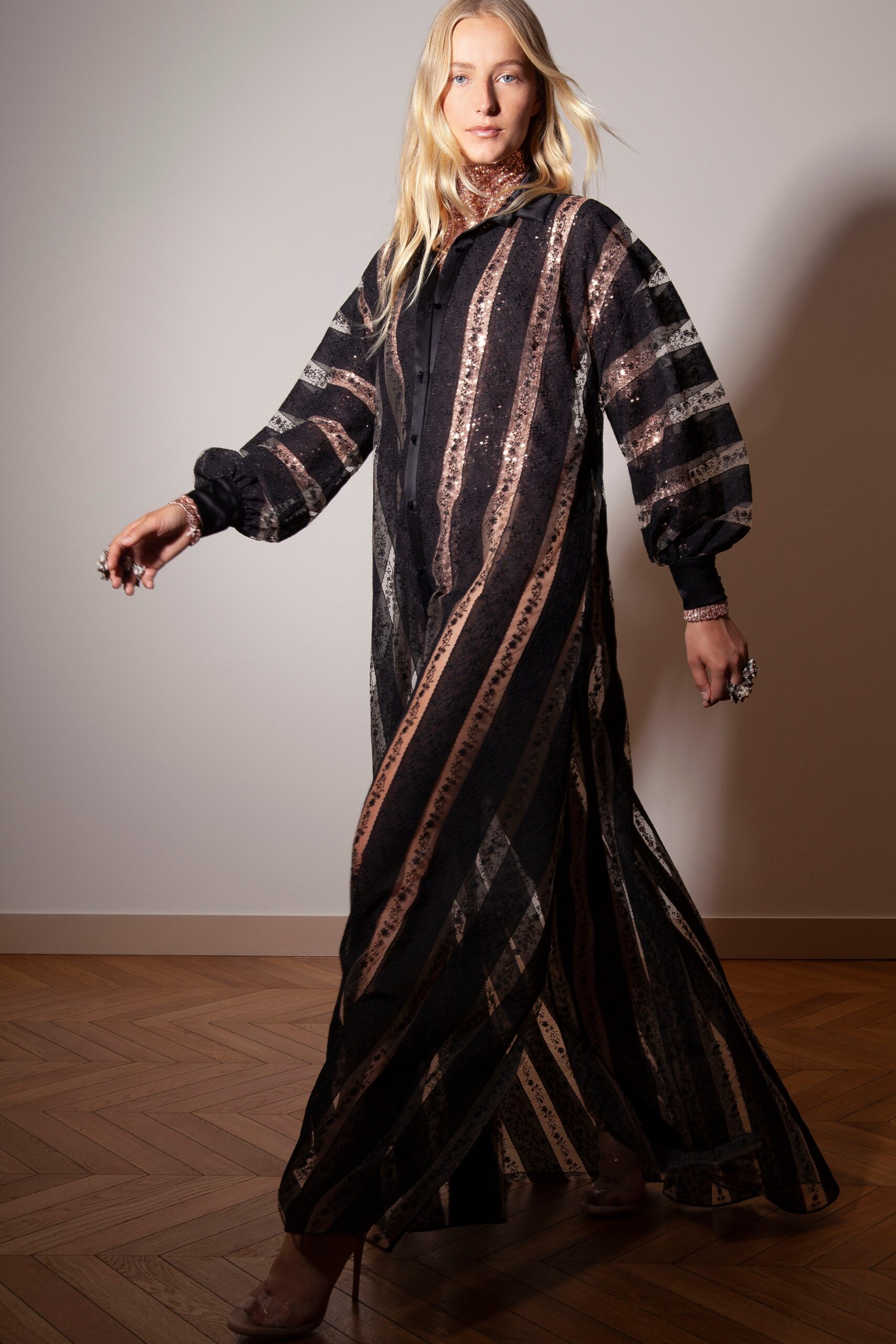 black and gold striped maxi dress