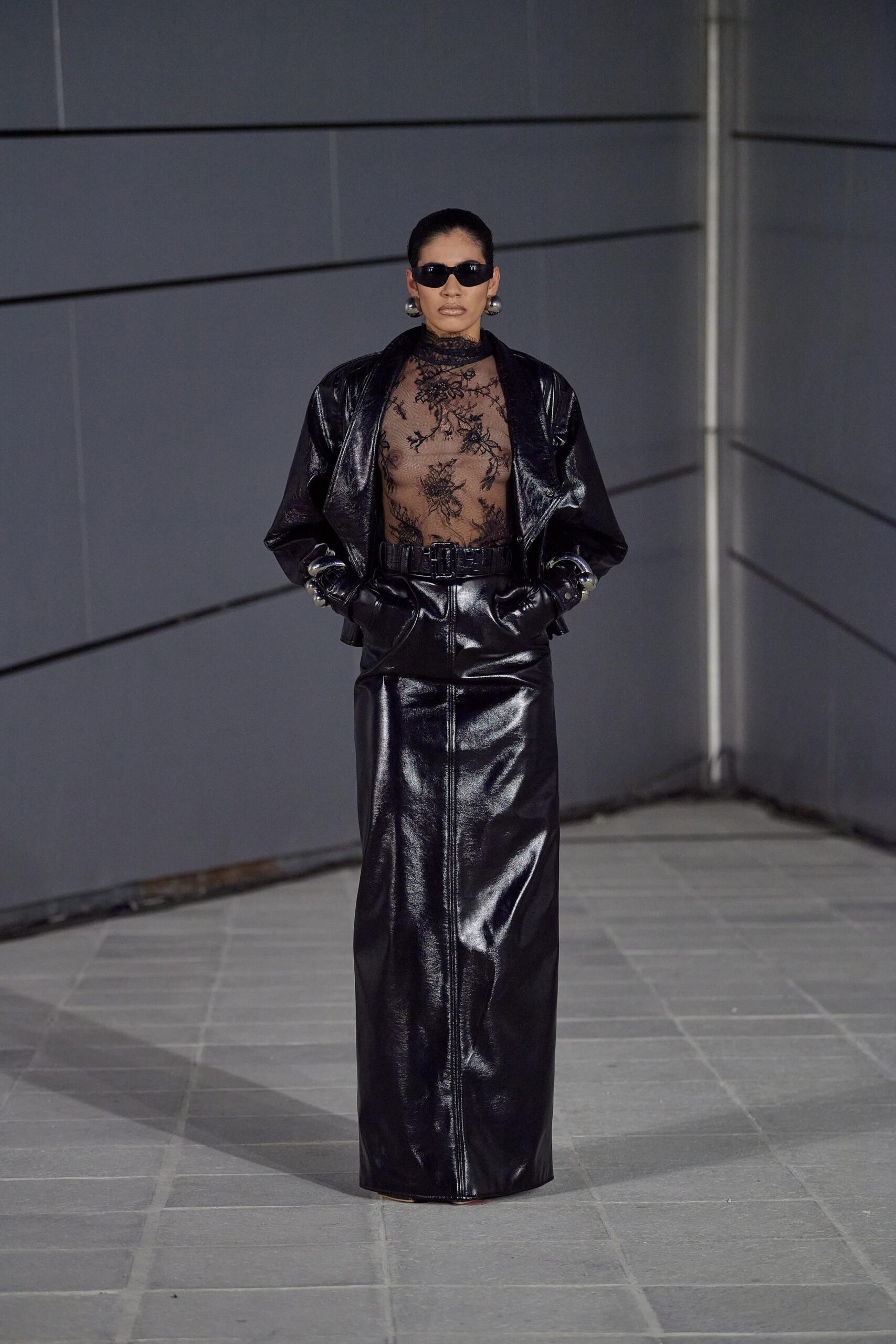 black leather outfit with lace top