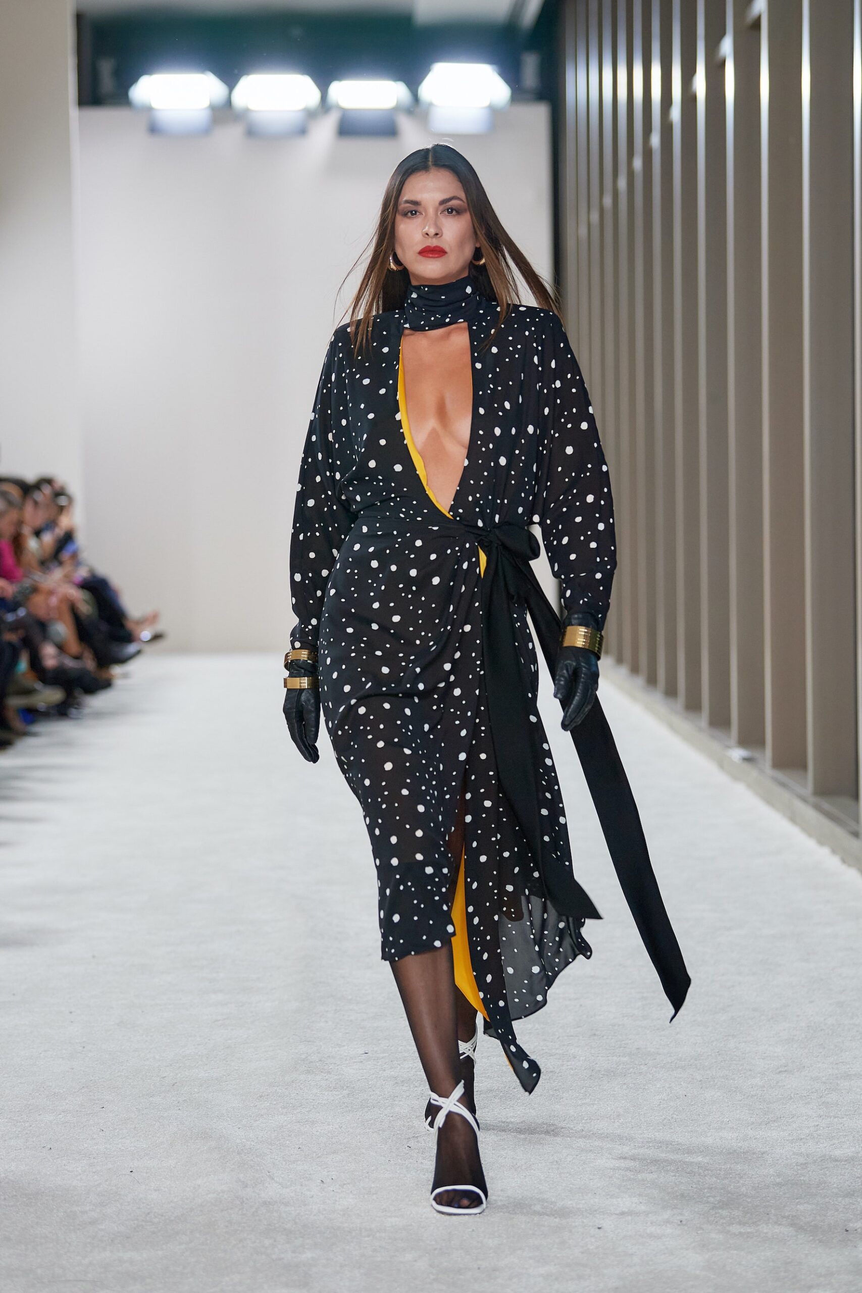 black and yellow draped dress
