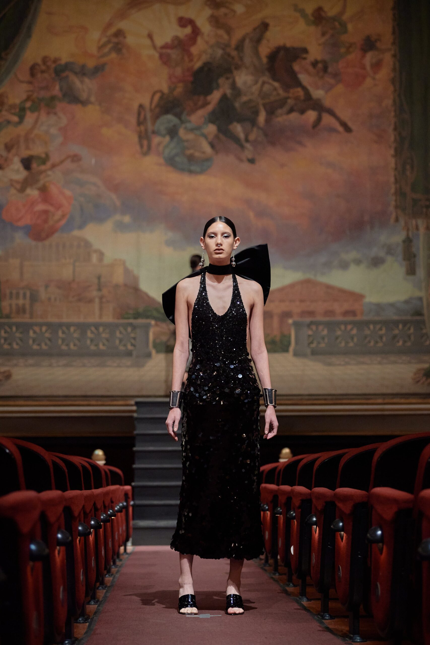 black sequin sleeveless v-neck fitted embellished shiny dress