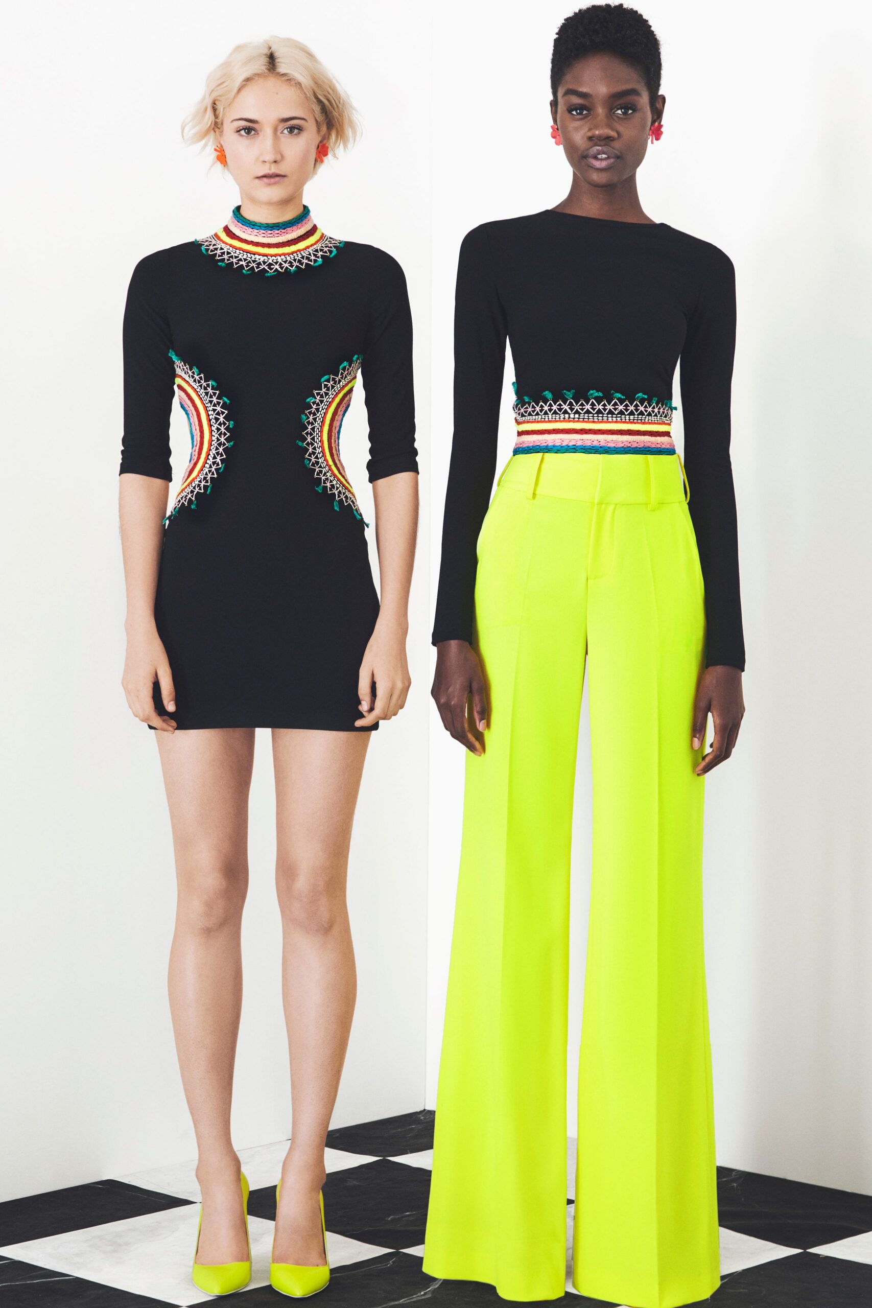 black mini-dress and neon green pants