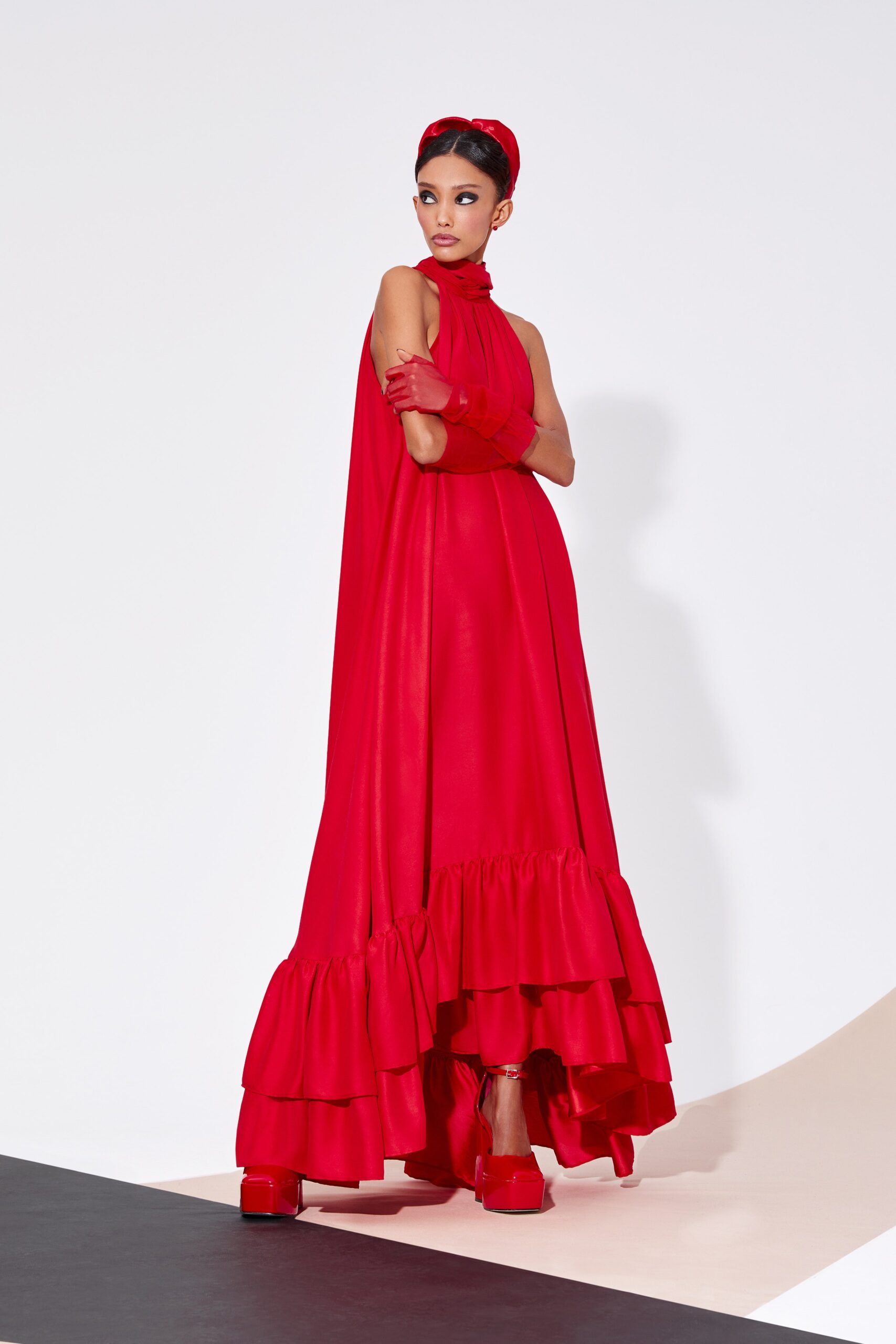 red silk sleeveless gown