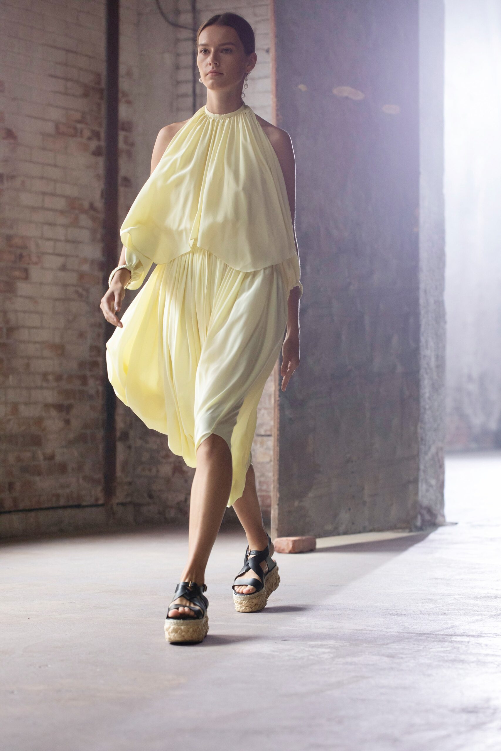 yellow draped midi dress