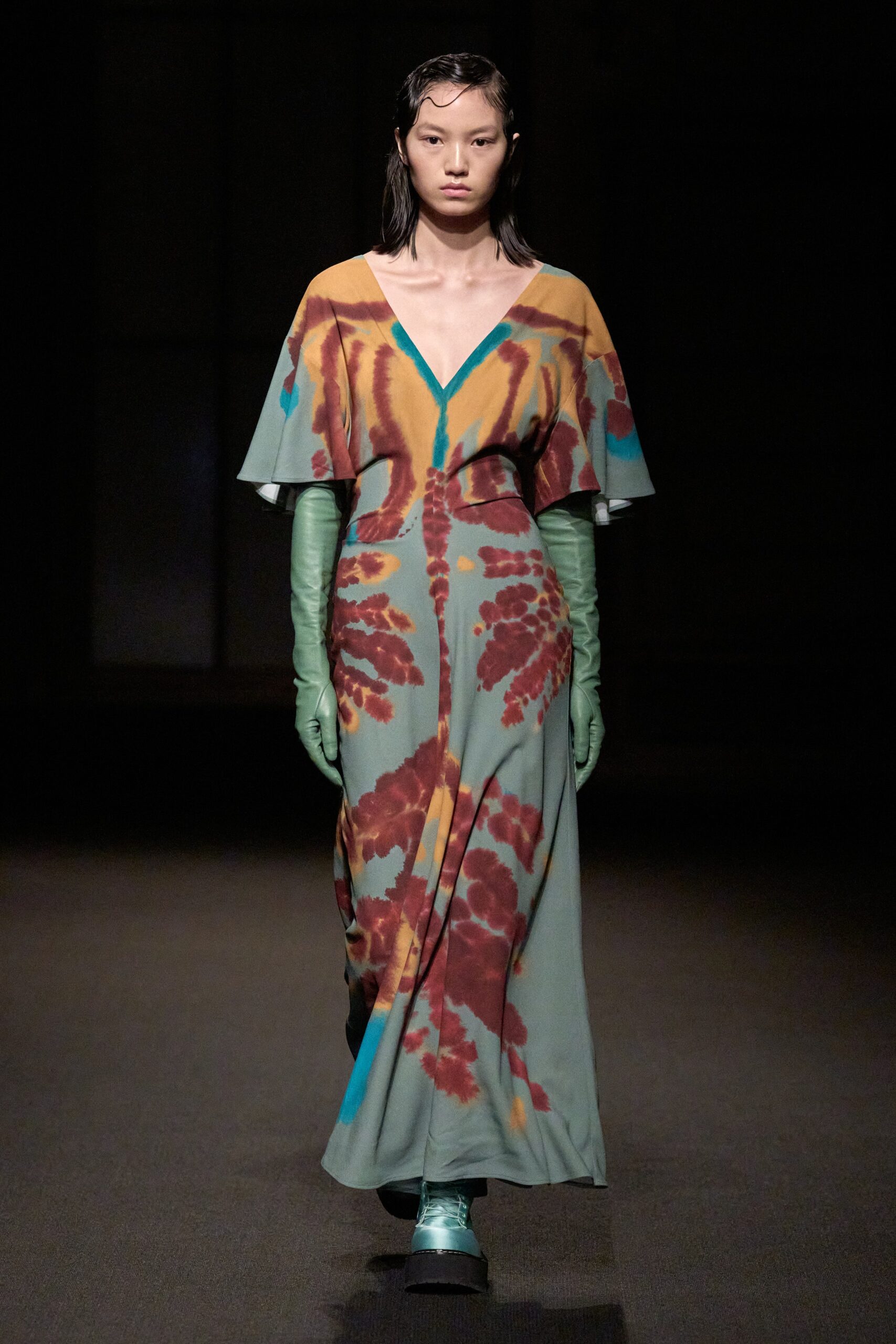 green silk sleeveless v-neck relaxed draped maxi dress