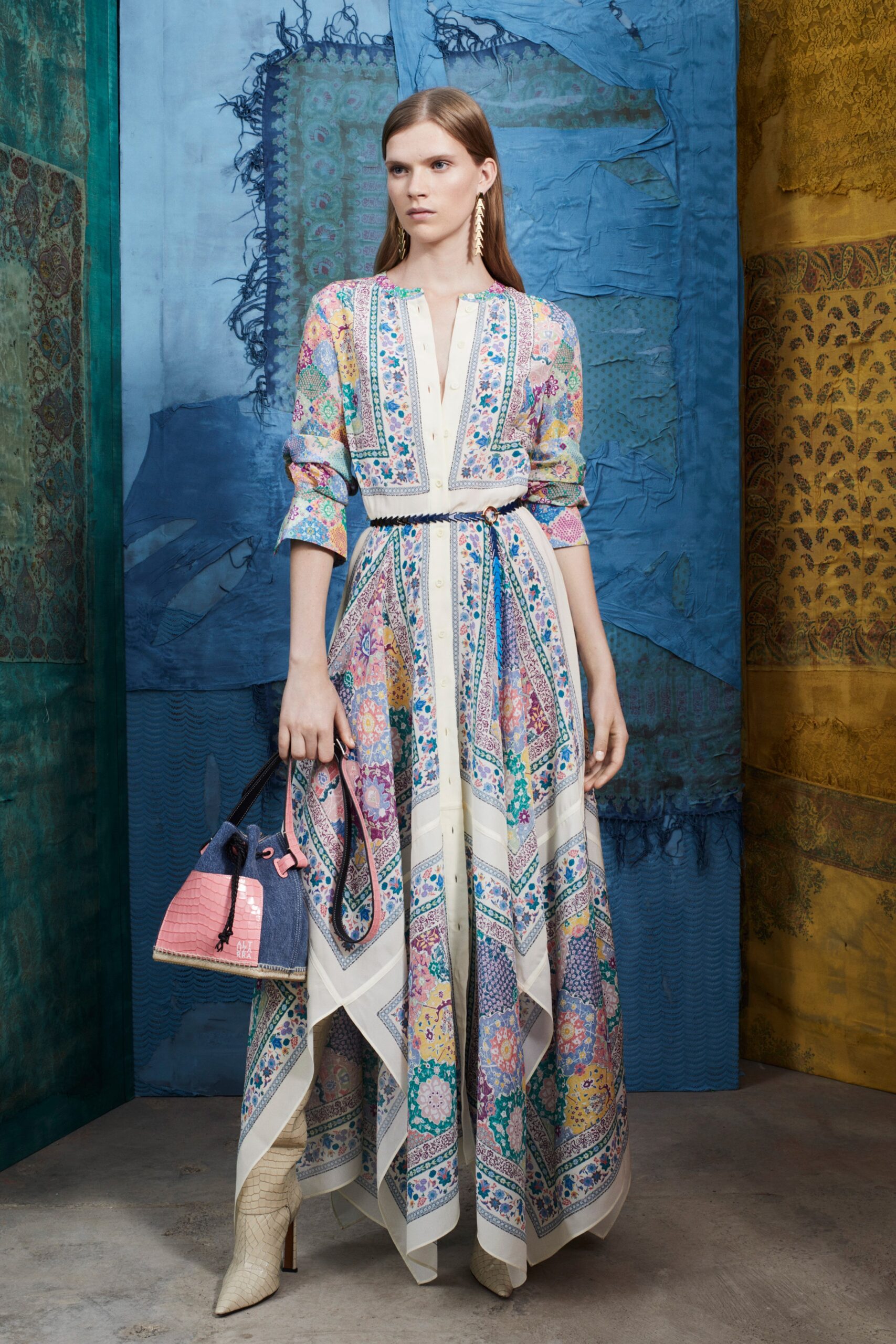 multi silk long-sleeve collared relaxed tiered belted dress