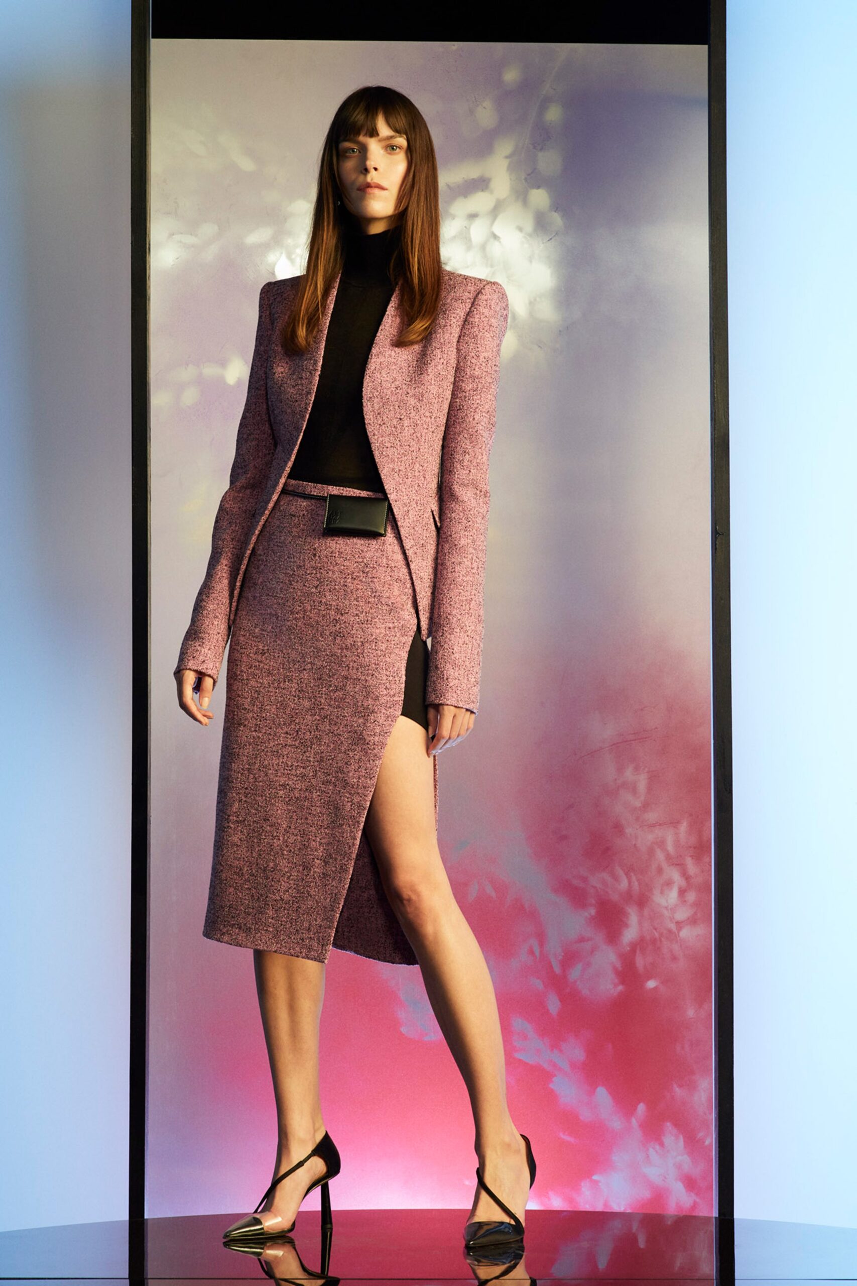pink tailored blazer with slit skirt