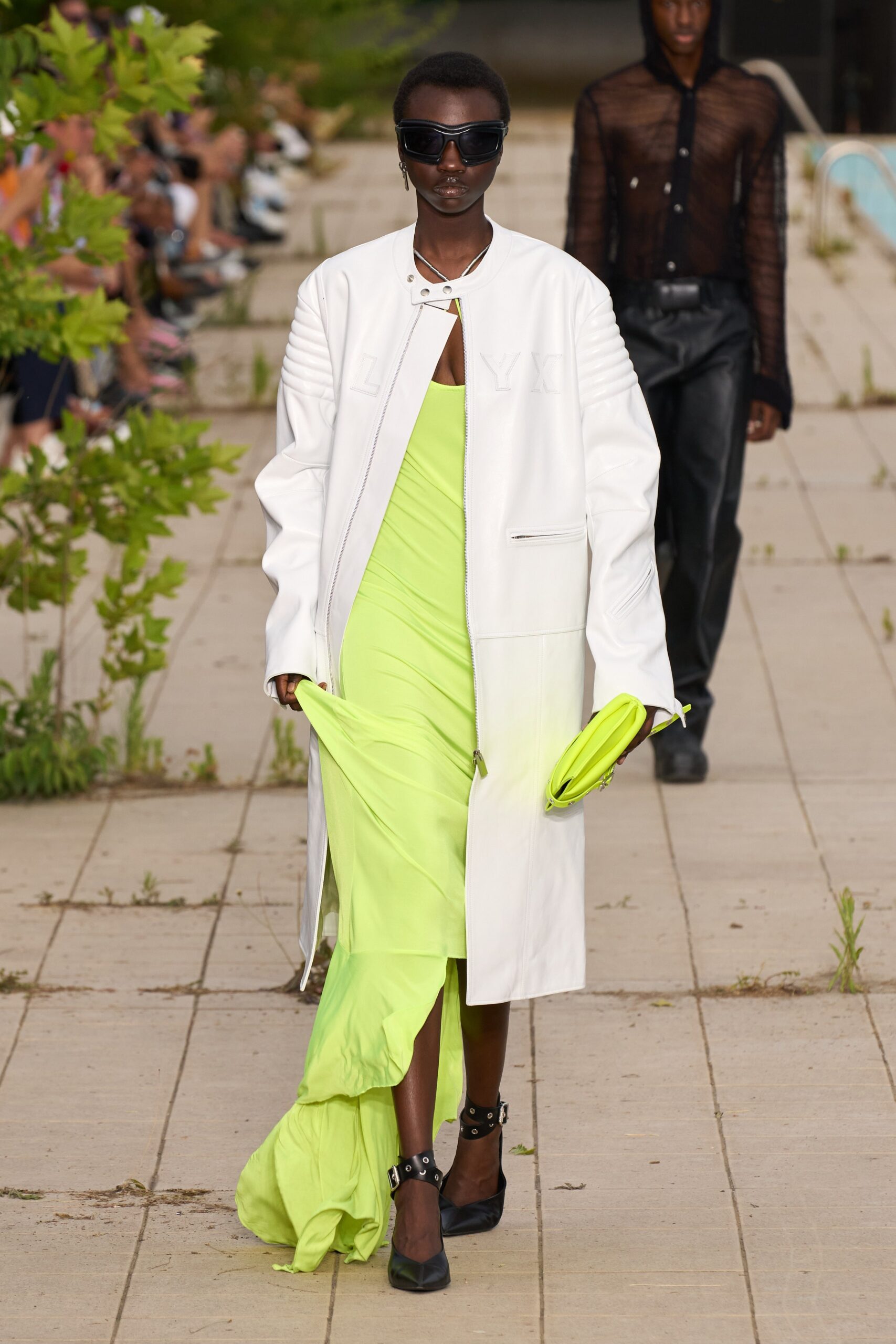 white coat green dress