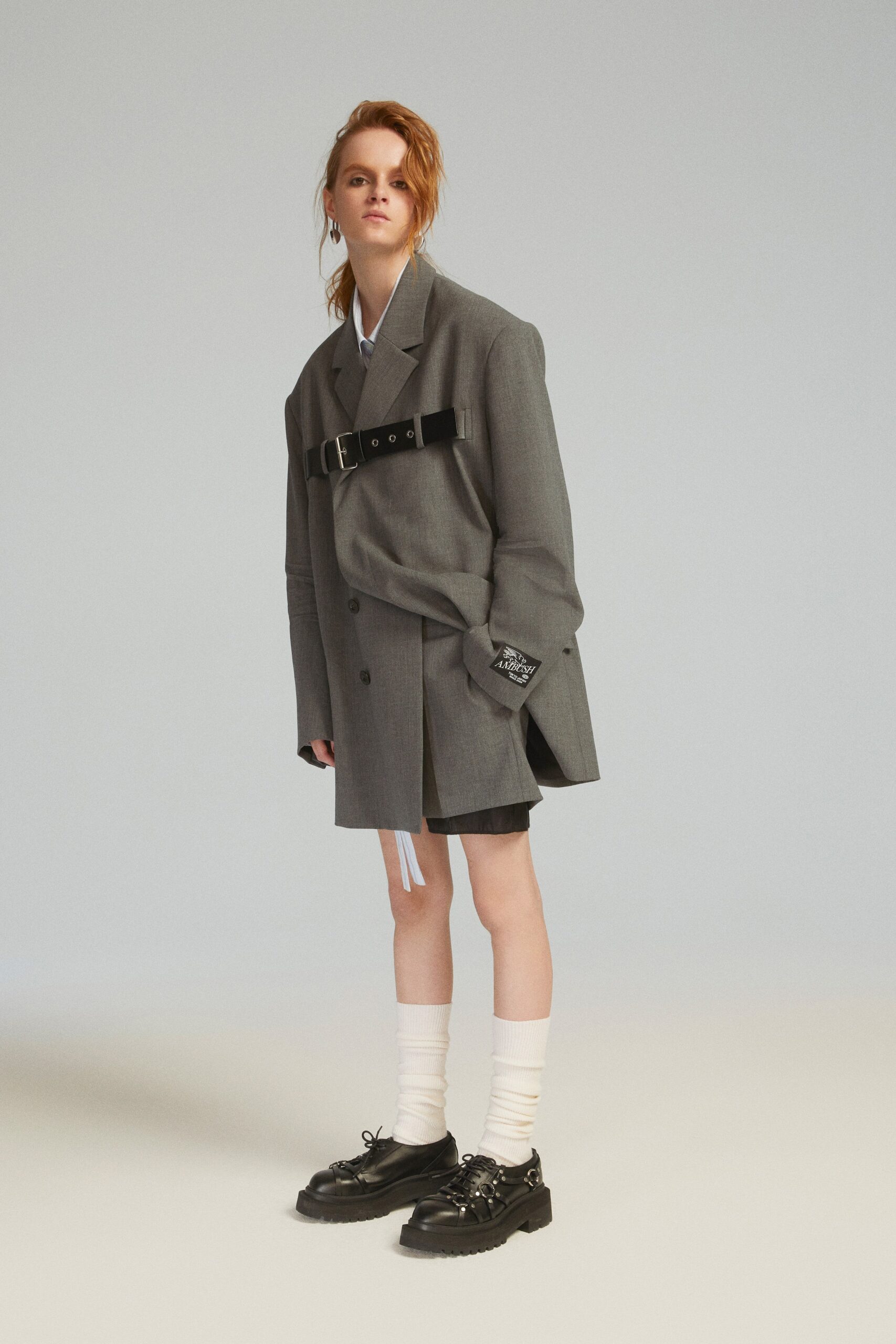 gray wool long-sleeve collared oversized buttoned belted blazer