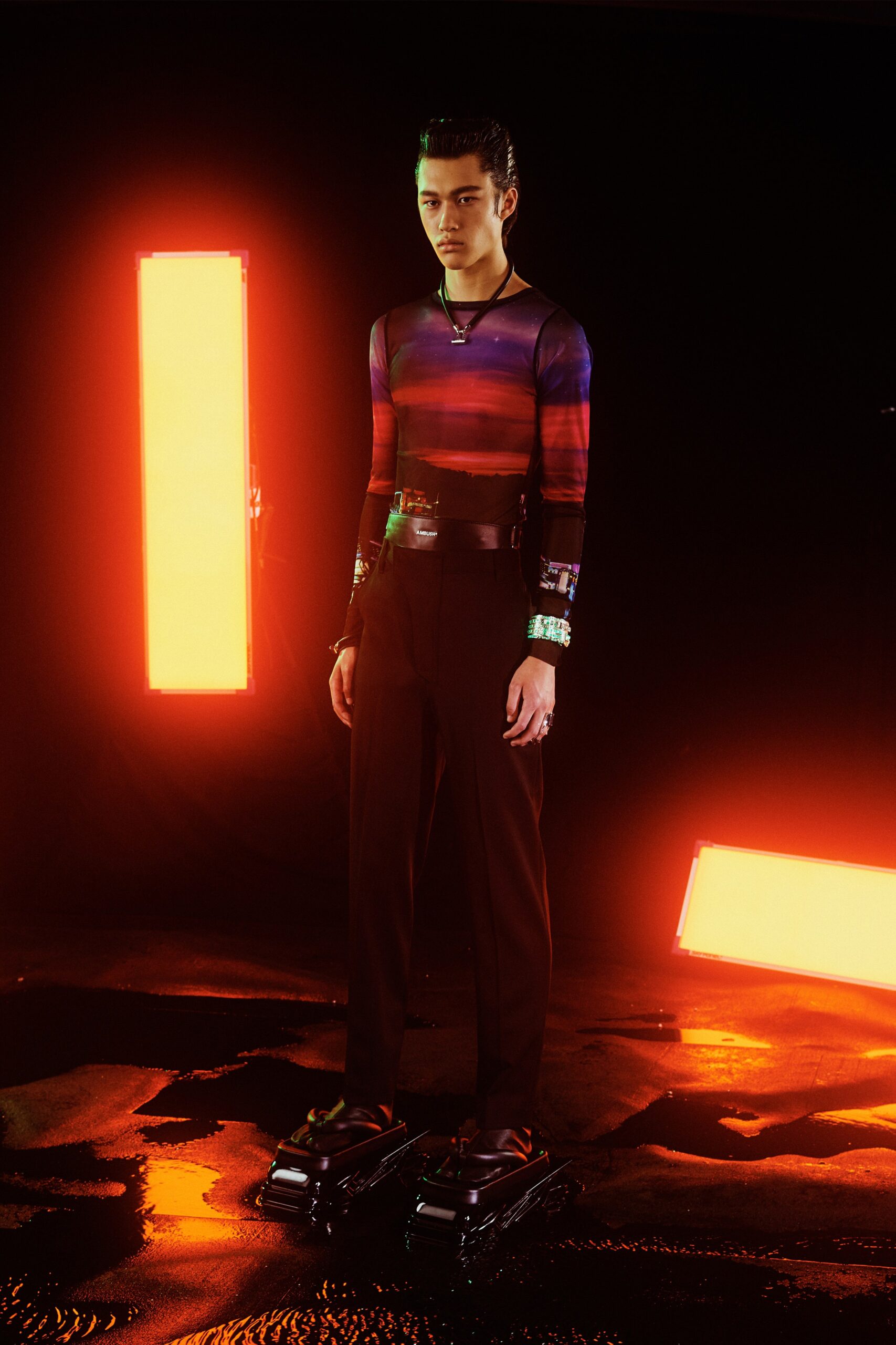 purple silk long-sleeve high-neck fitted layered shiny top