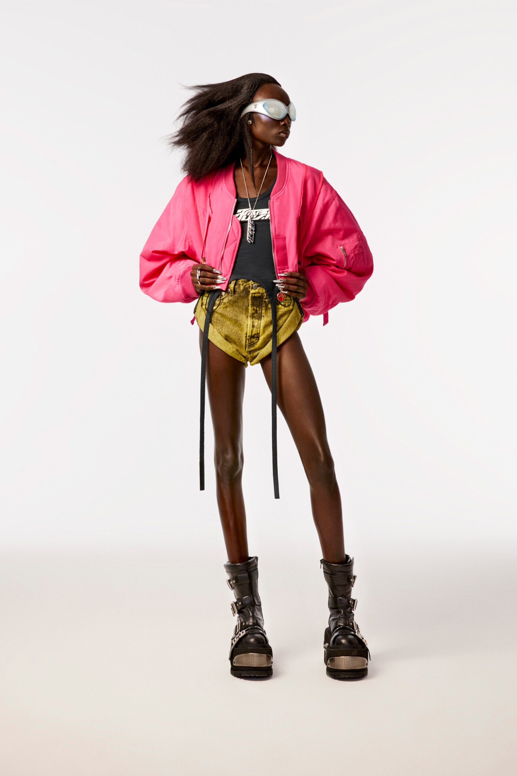 pink oversized jacket with black top