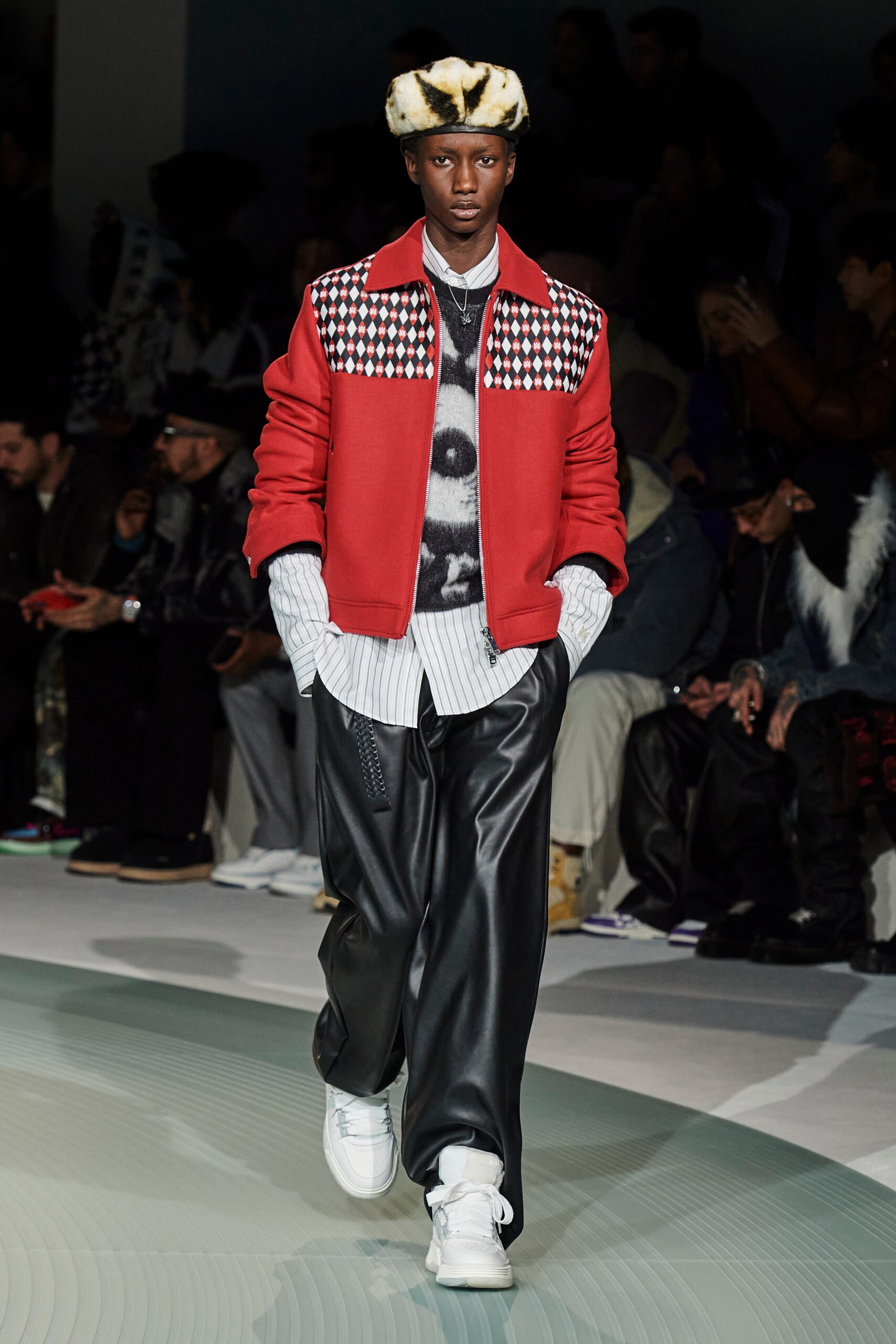 red and black color-blocked jacket