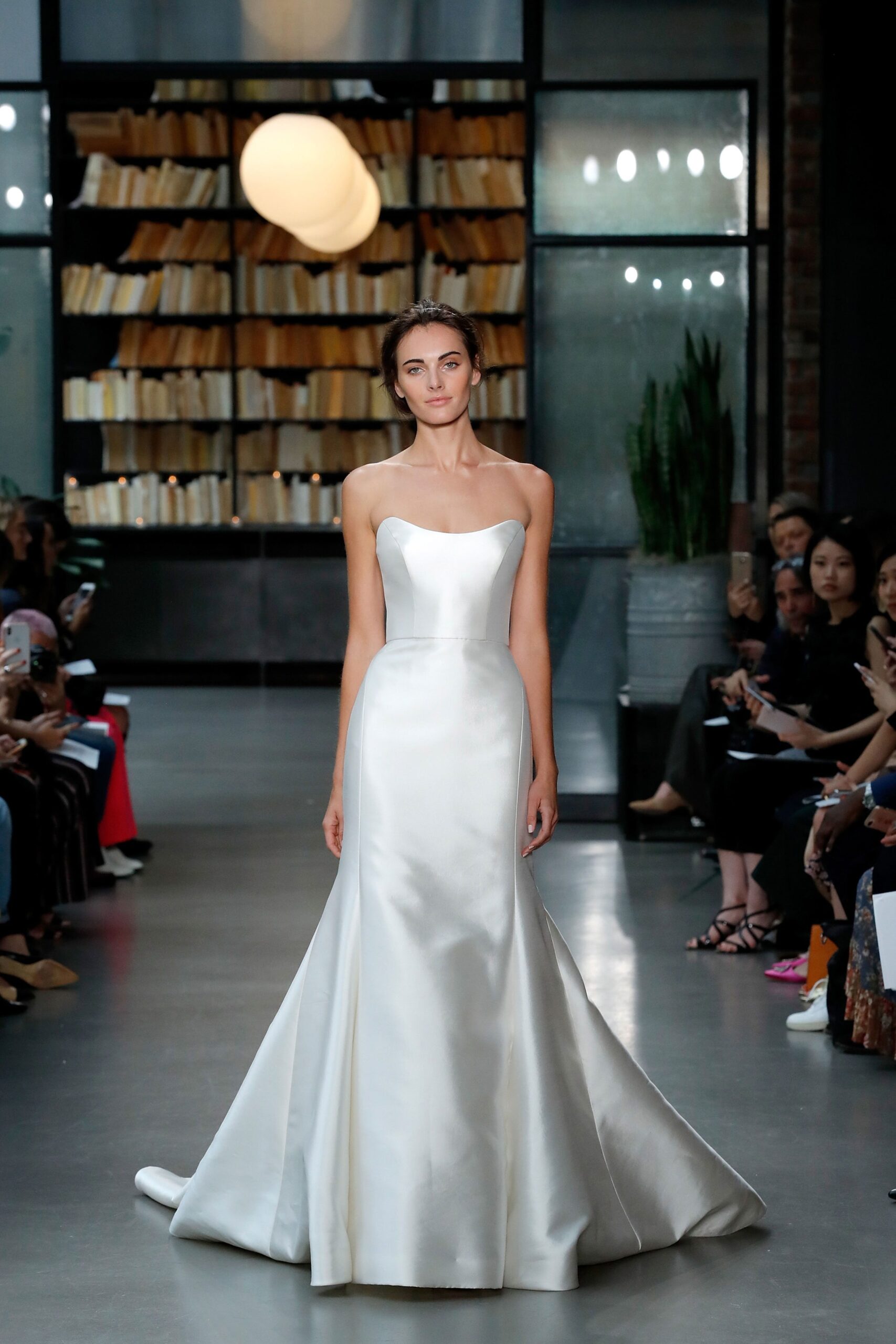 white silk strapless gown