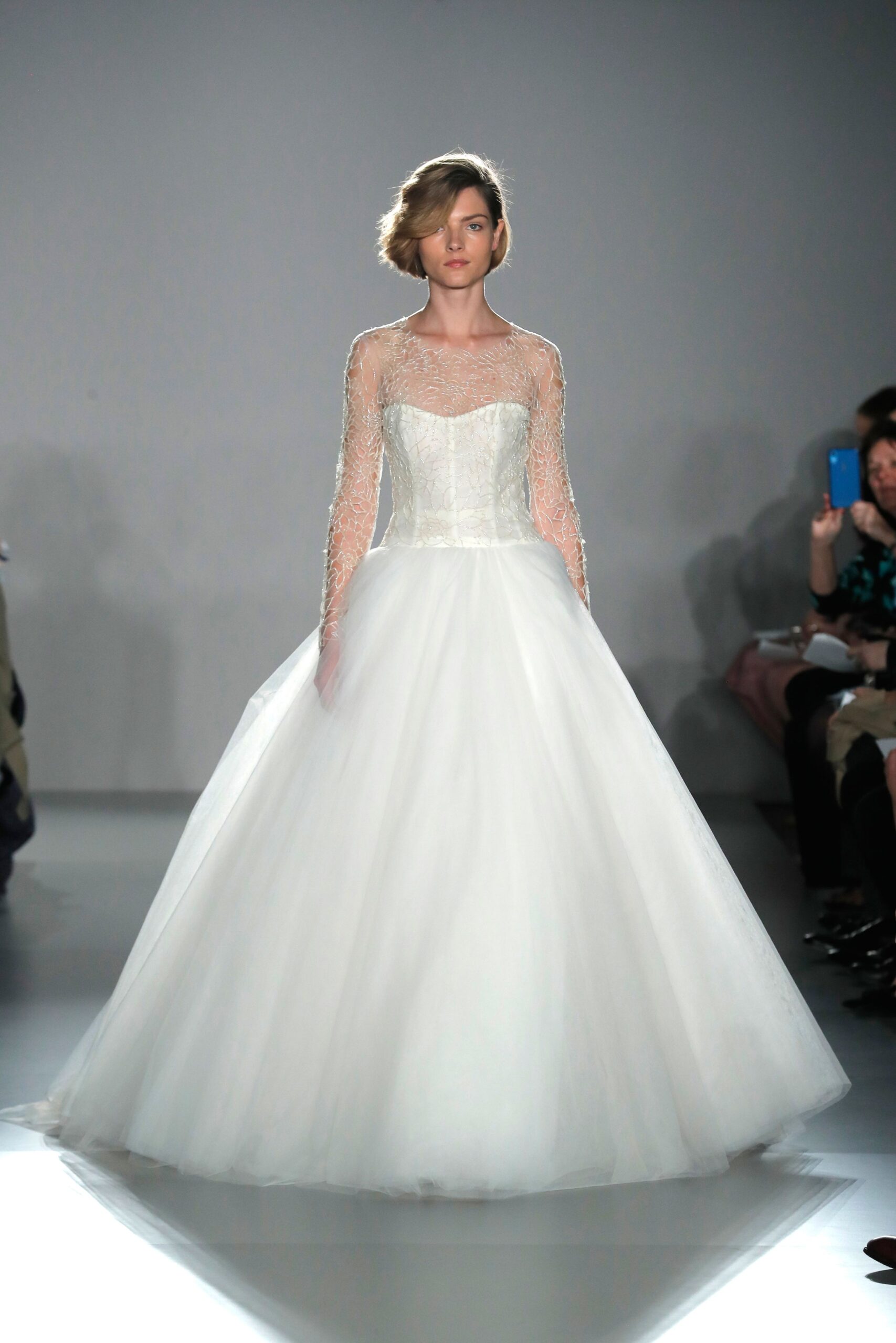 white tulle long-sleeve gown