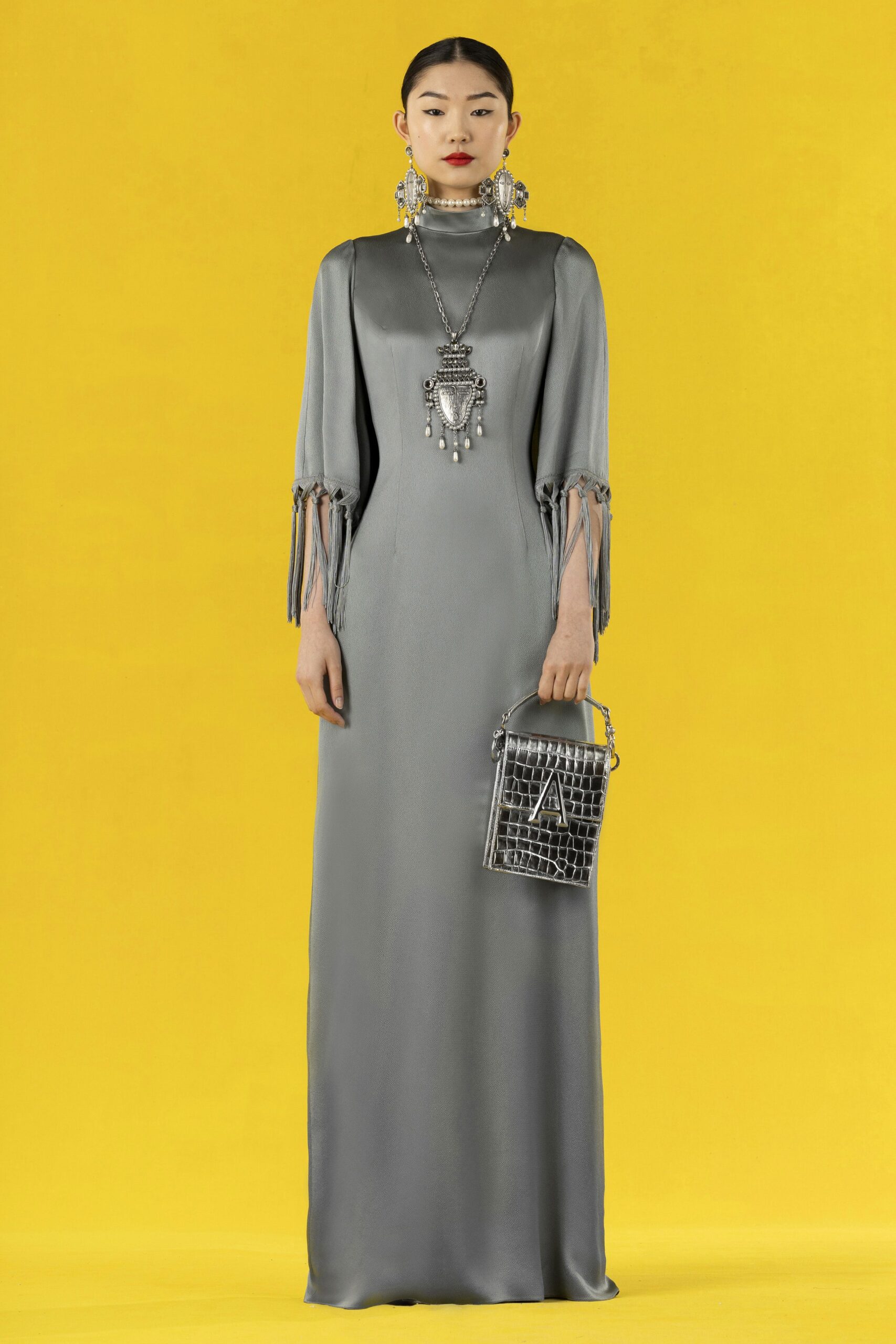 gray silk fitted gown