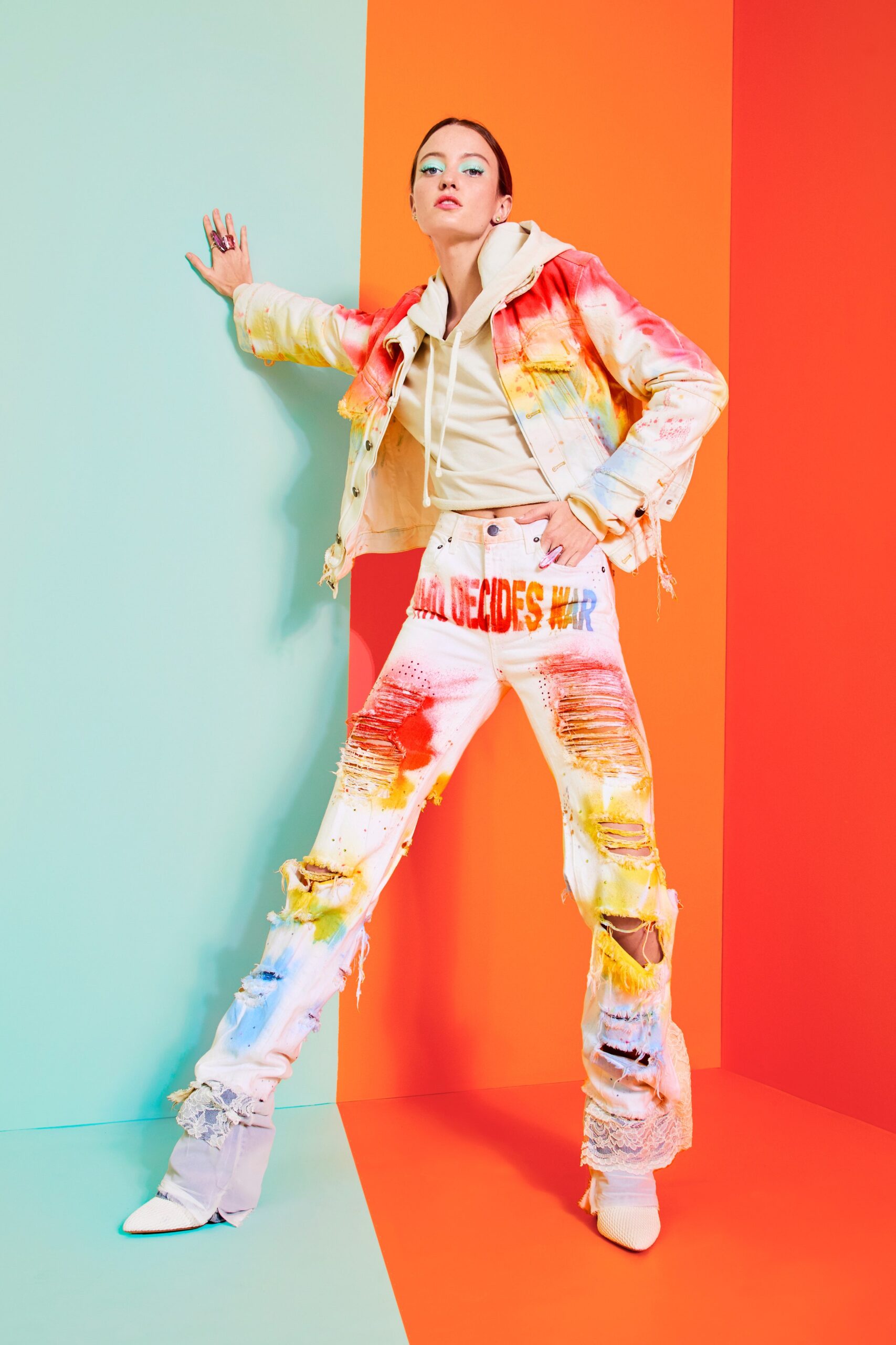 colorful denim jacket and pants