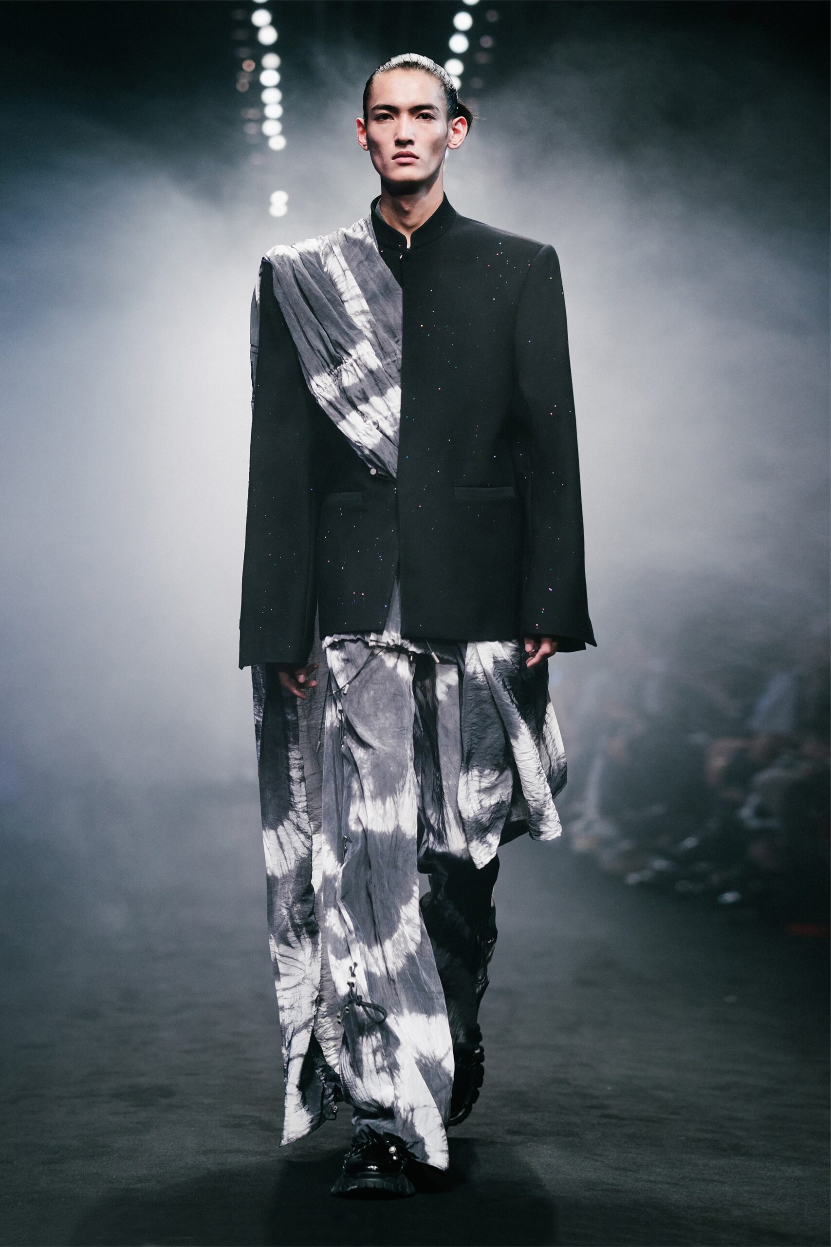 gray silk relaxed draped flowing pants