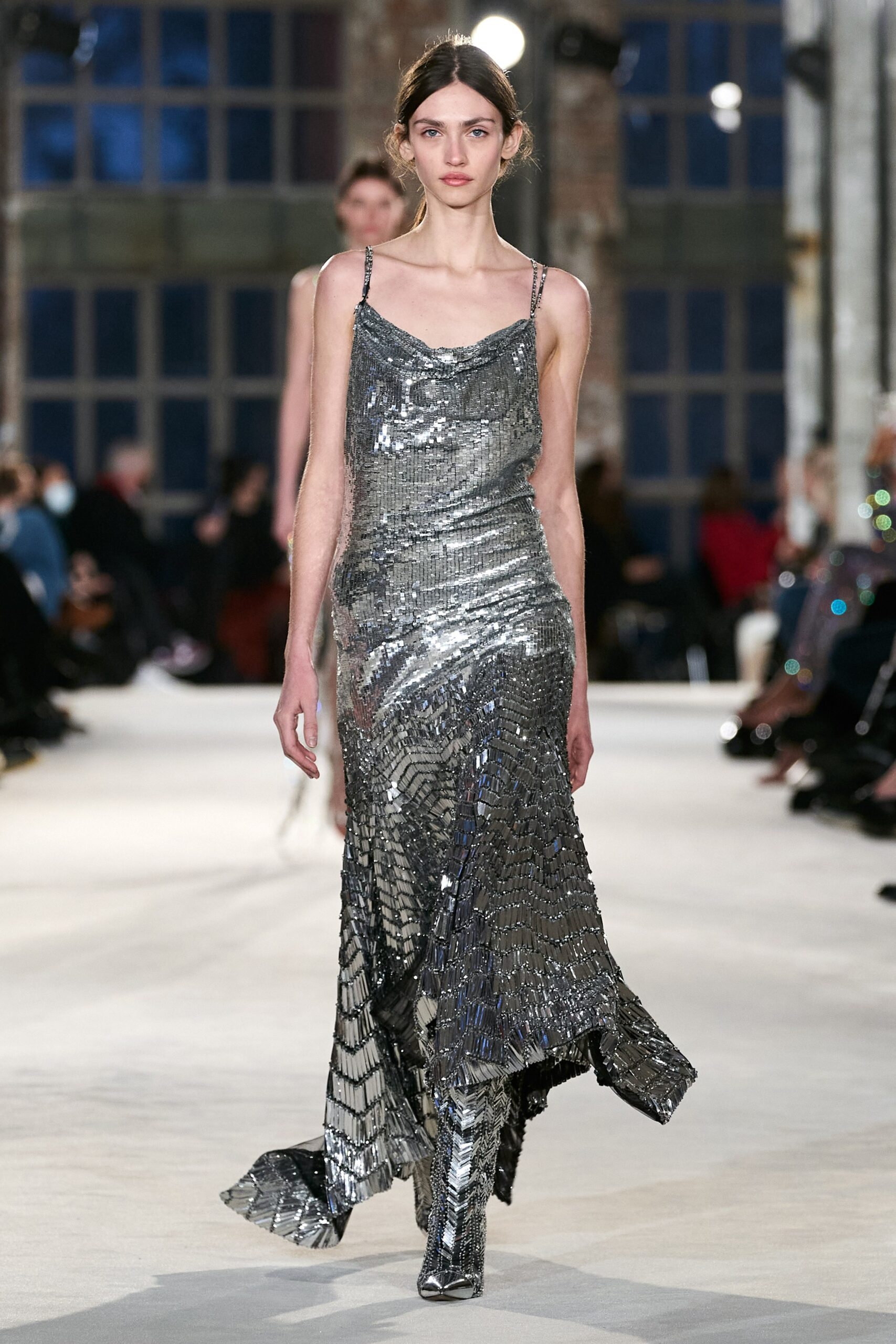 silver metallic sleeveless gown