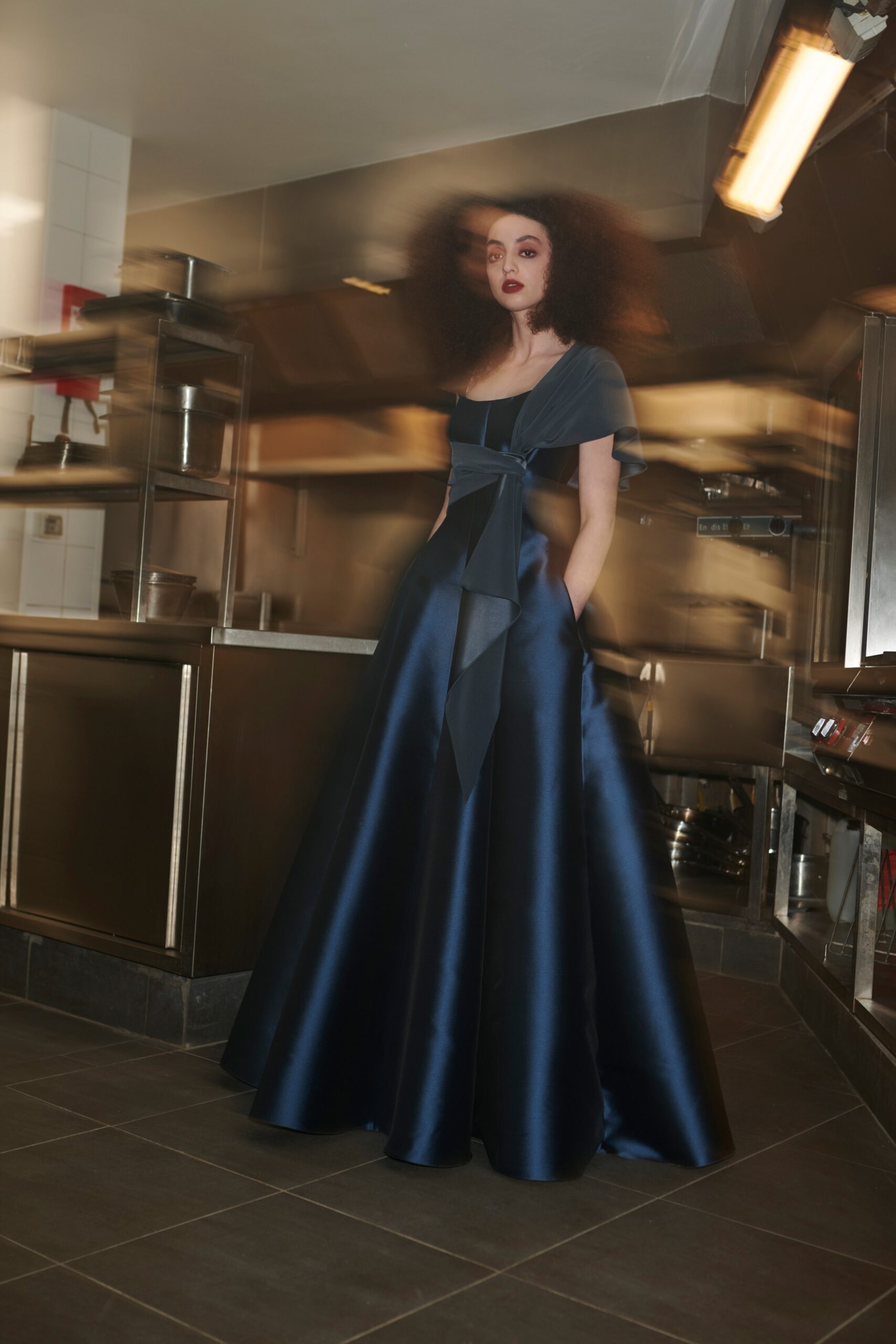 blue silk belted gown