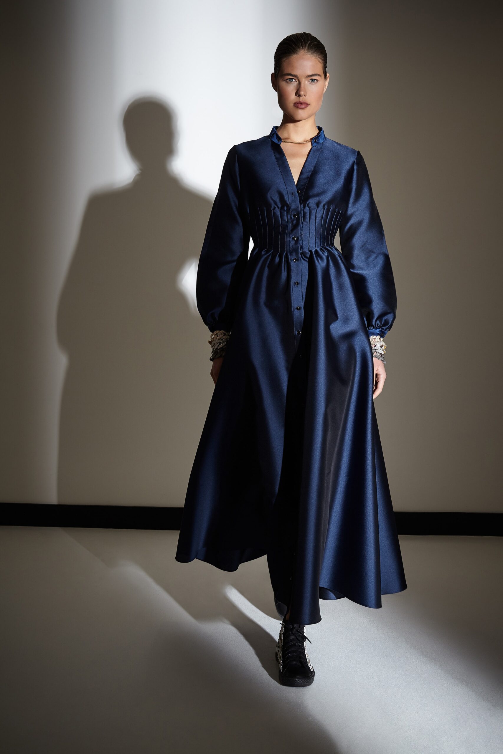blue silk long-sleeve dress