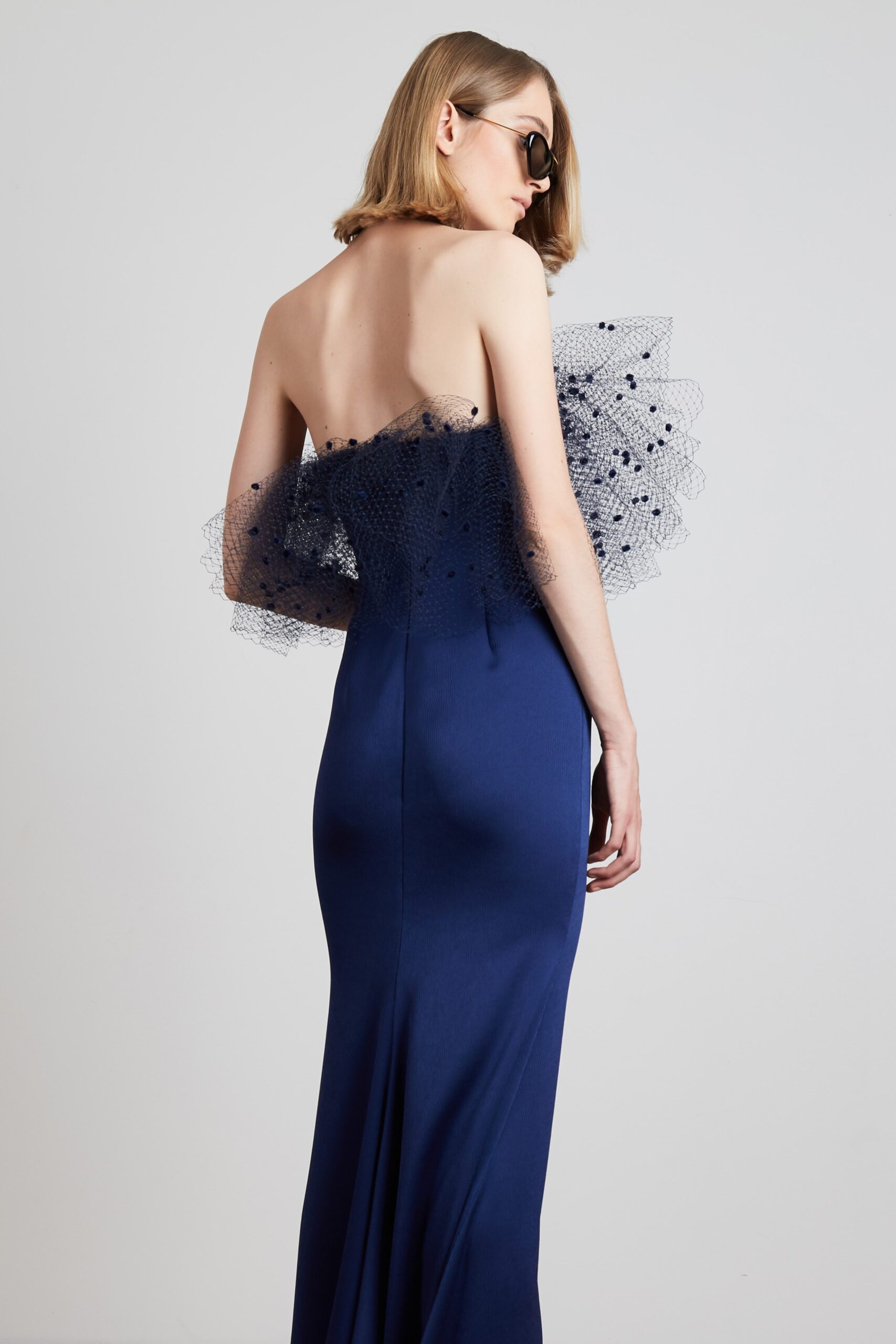 blue silk fitted gown