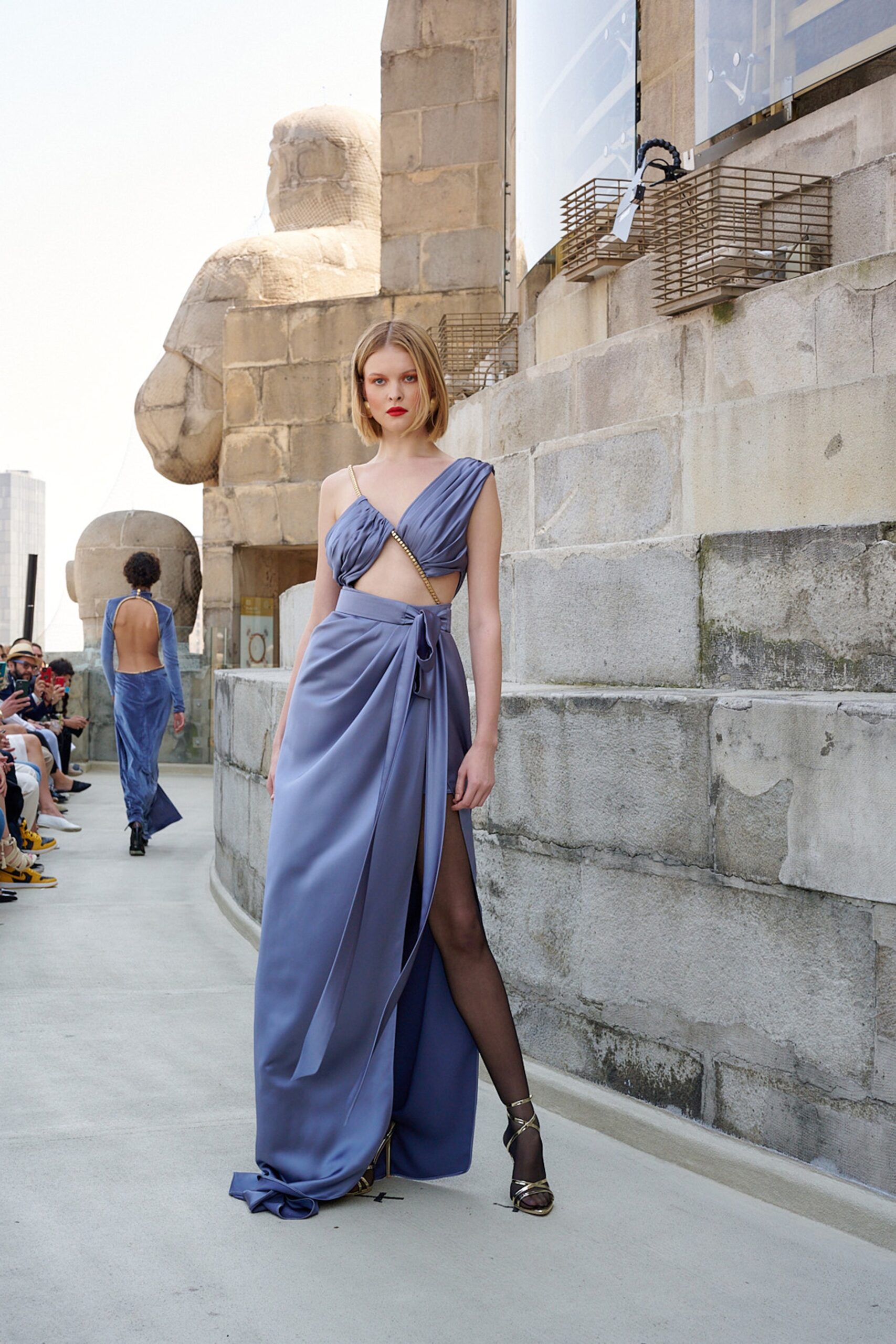 blue silk sleeveless gown