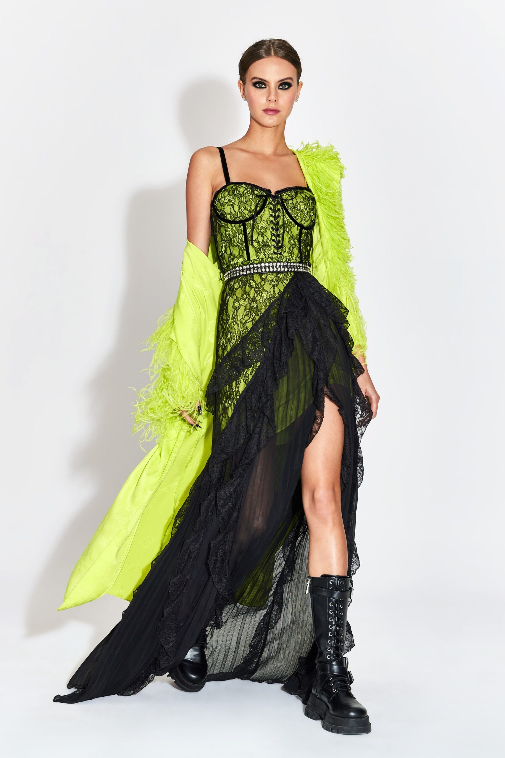 green silk long-sleeve relaxed fringed cape