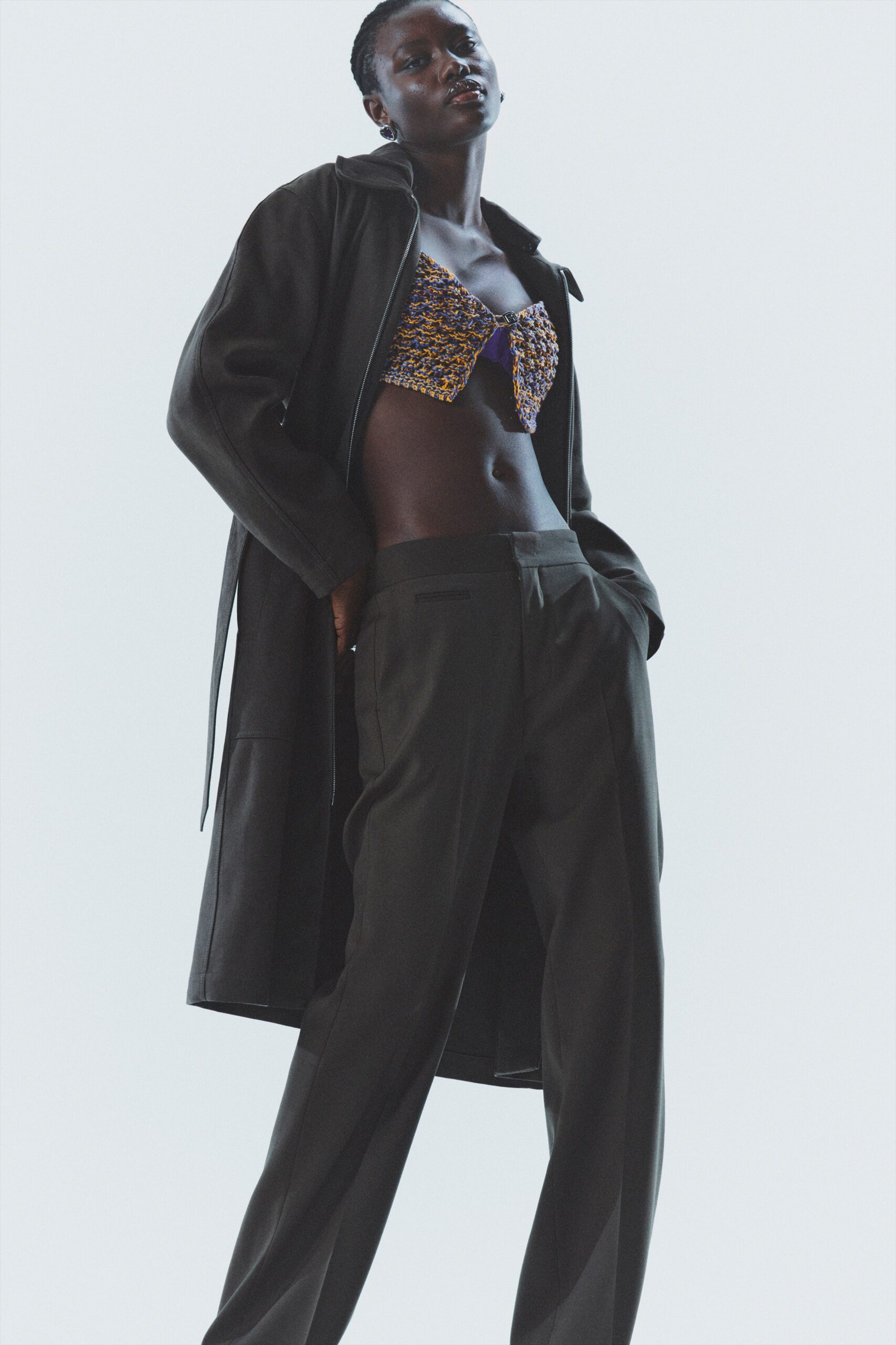 black coat multi bustier tailored pants