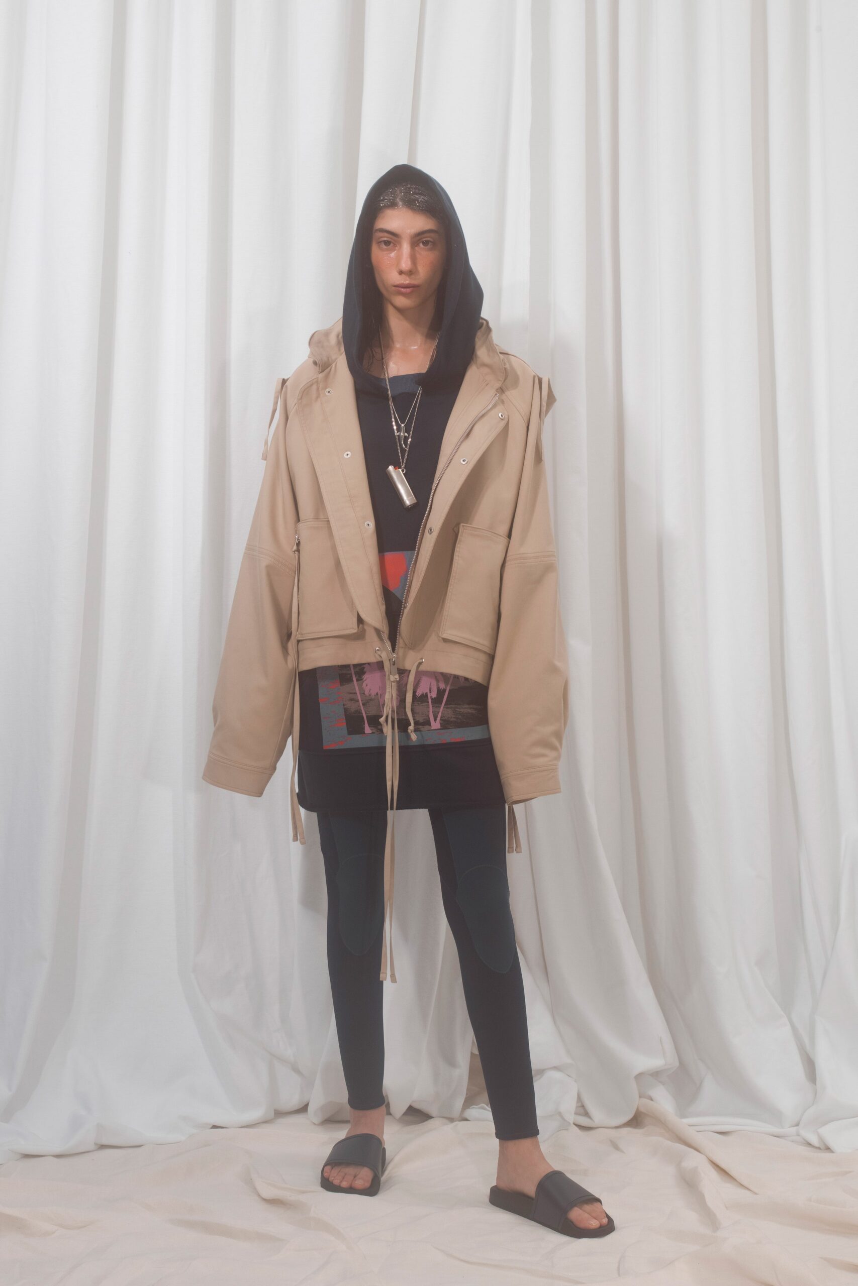 beige cotton long-sleeve hooded relaxed zippered jacket