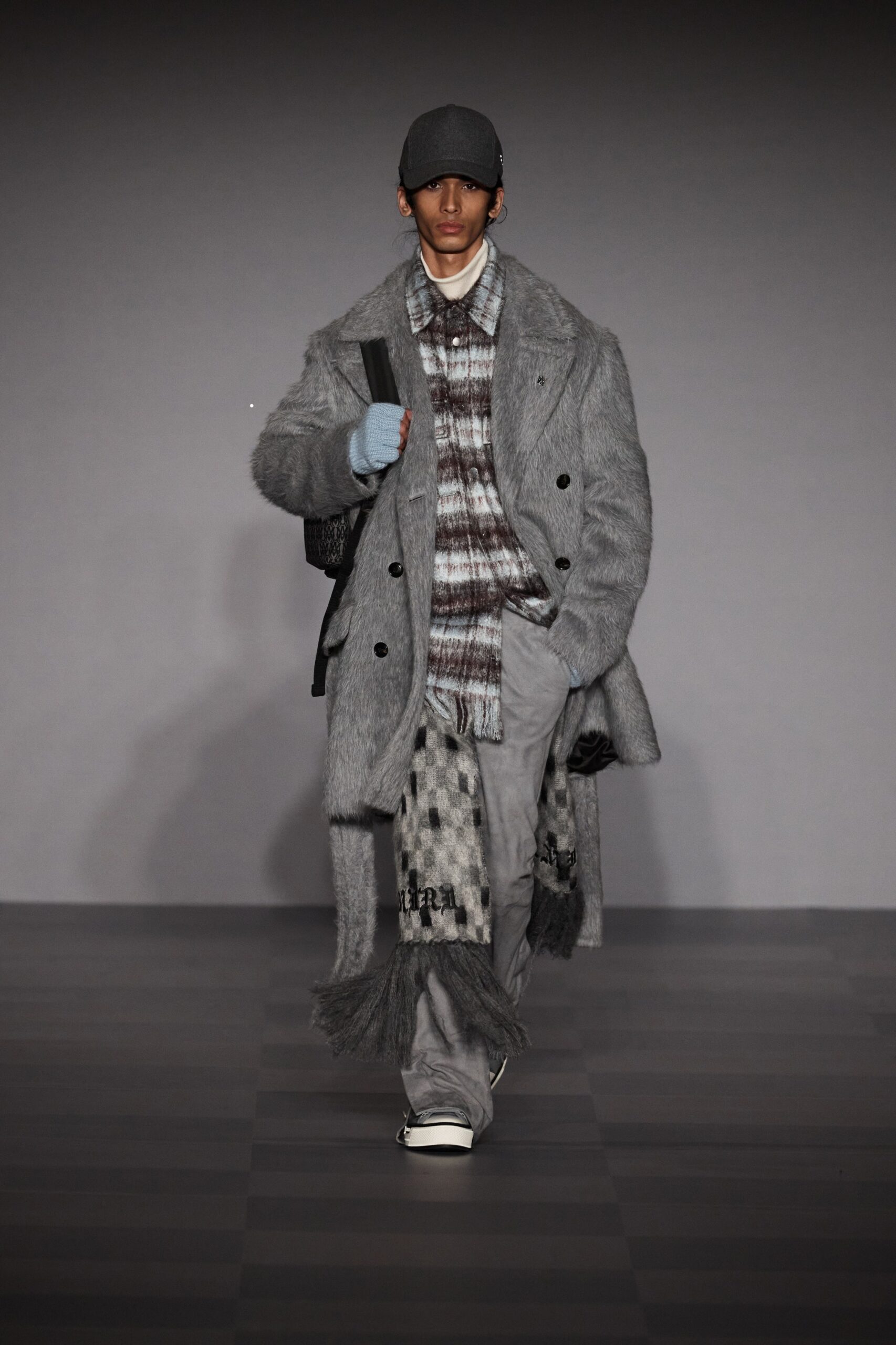 gray faux-fur coat with checked shirt