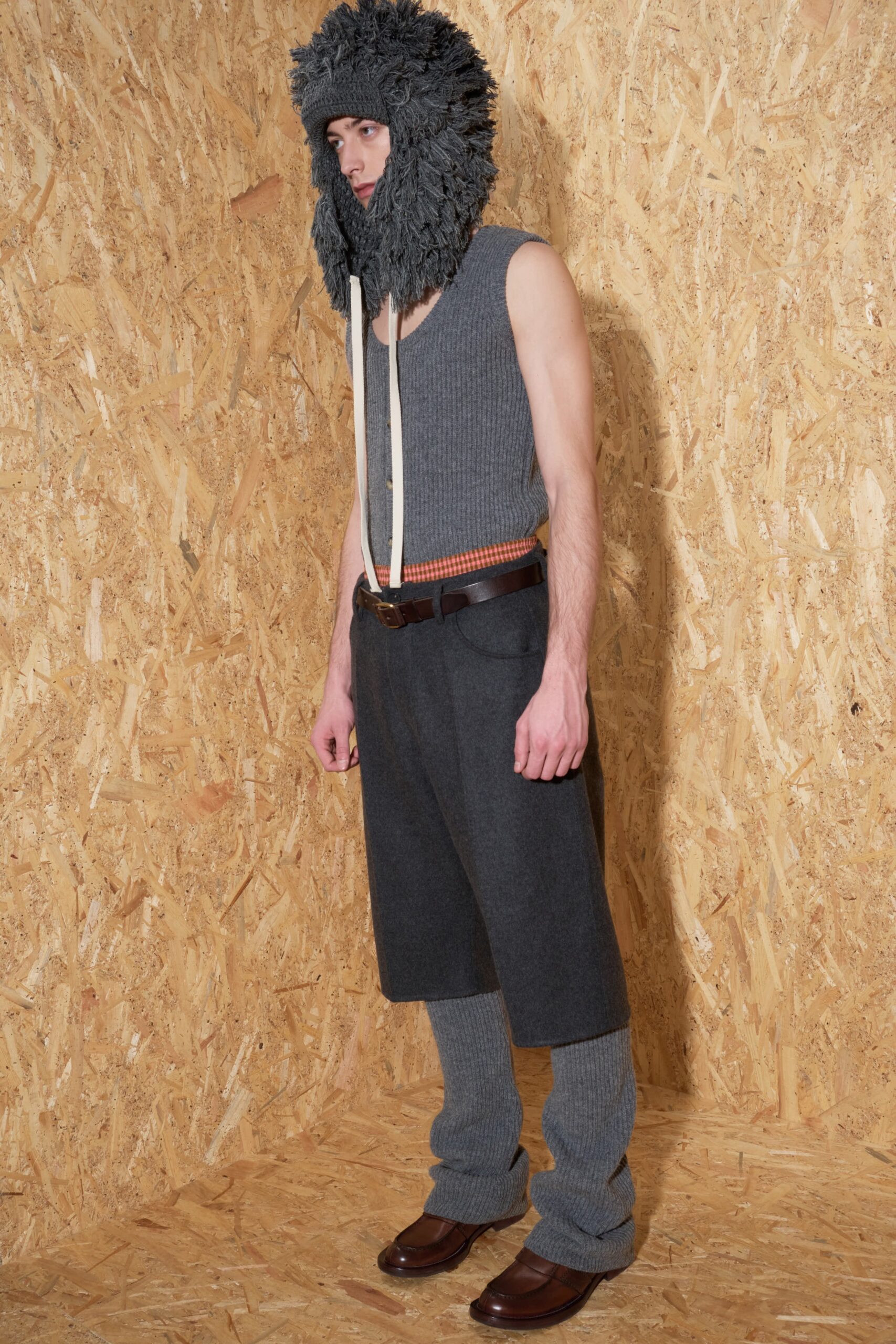 gray wool sleeveless top and relaxed pants
